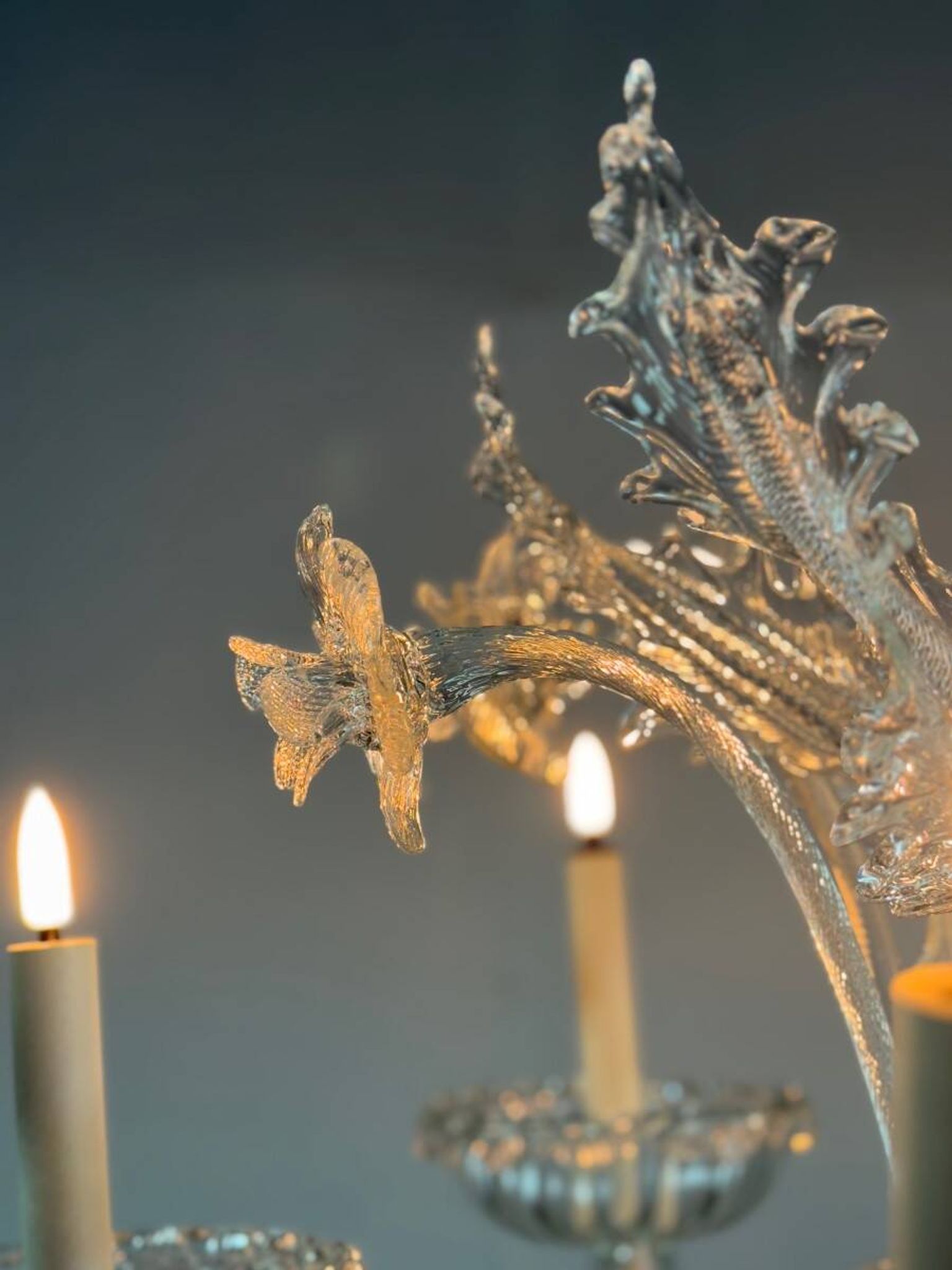Venetian chandelier in colorless Murano glass, 6 light arms, circa 1940