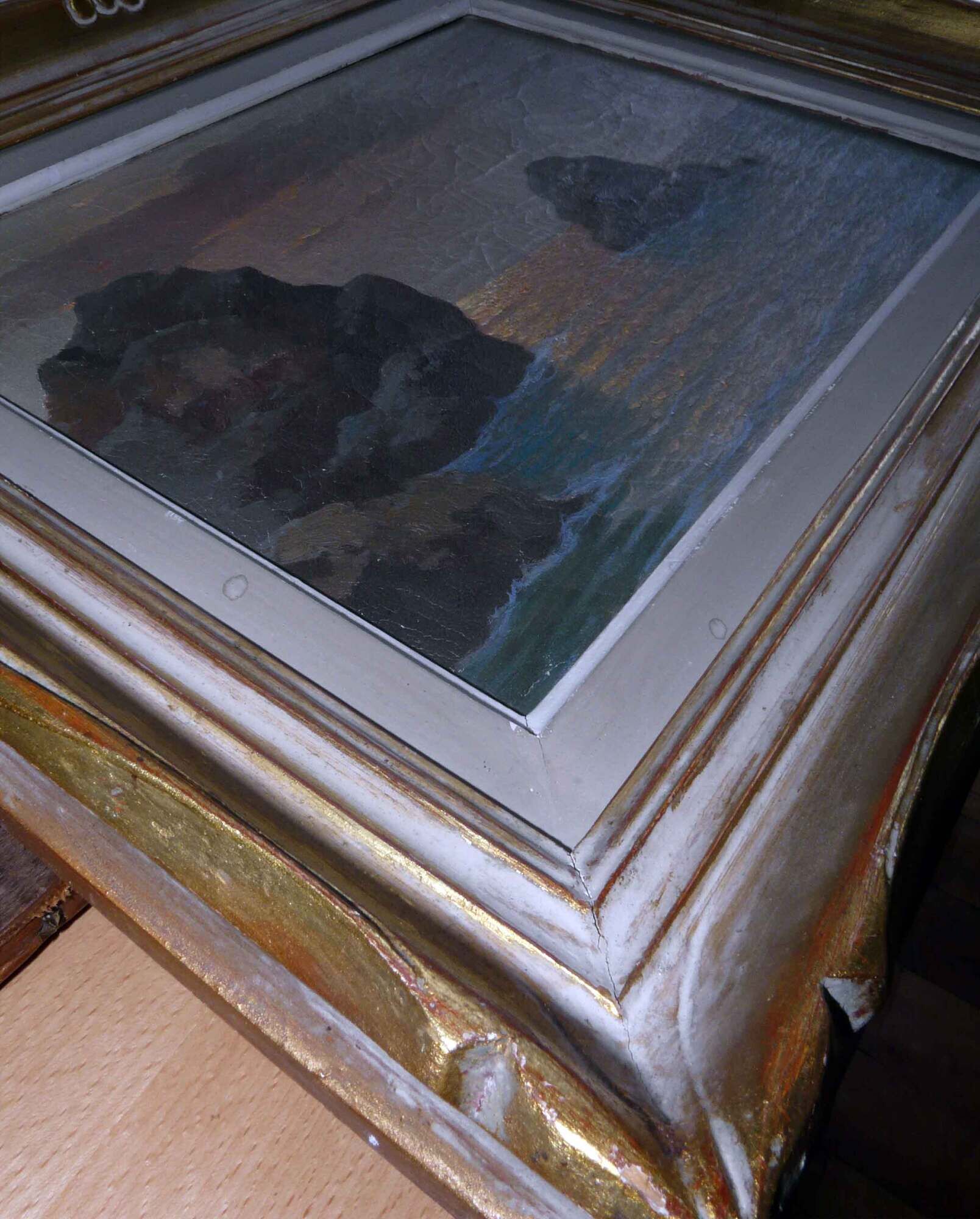 Superb seaside table with crespuscule by P. Dupret with frame