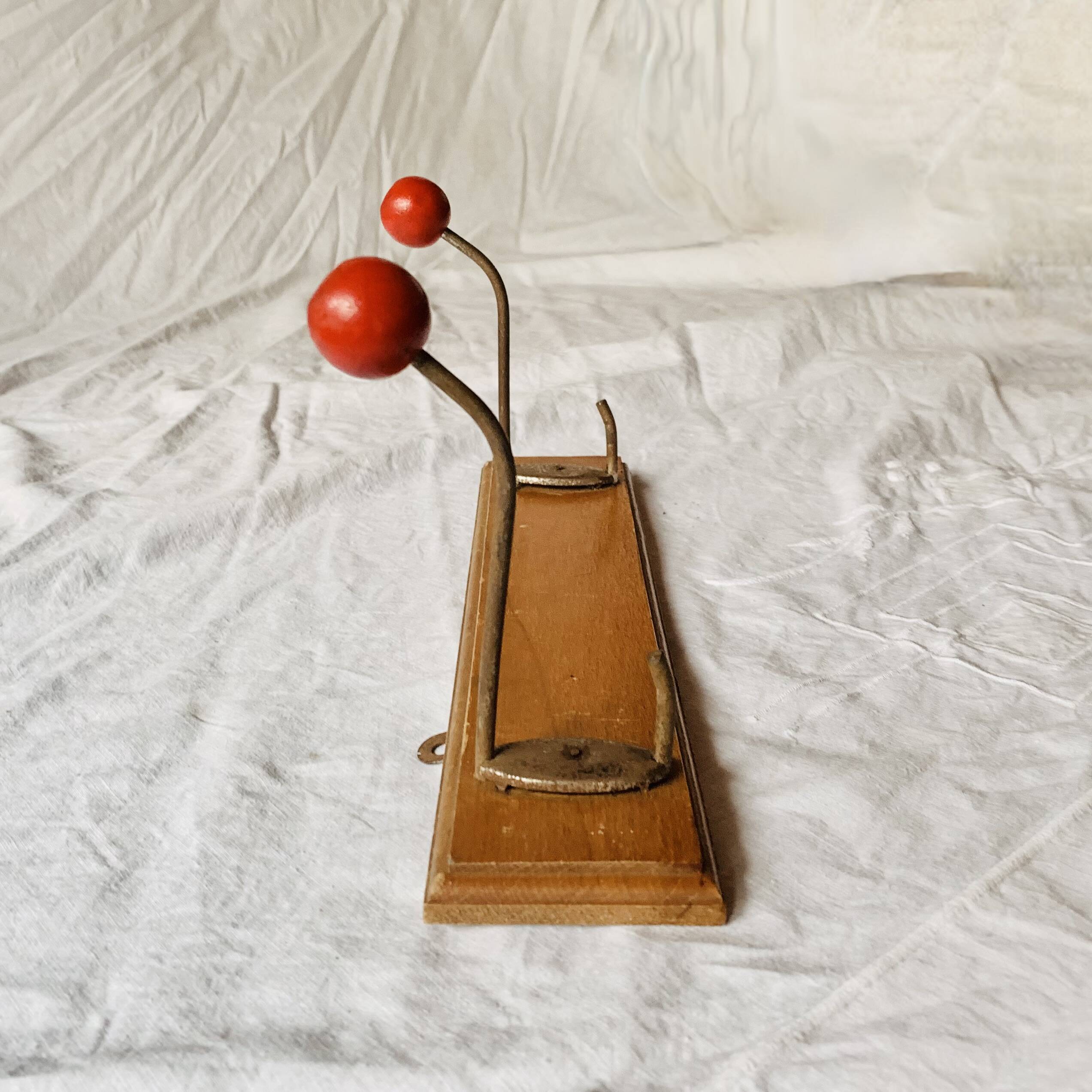 Vintage wall coat rack - double hook - red wooden balls