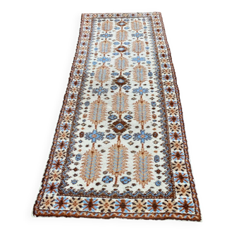Long Persian rug in knotted wool, burgundy blue, flowers, handmade 300x90