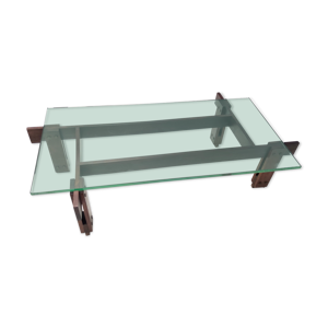 Table basse en noyer avec plateau en verre