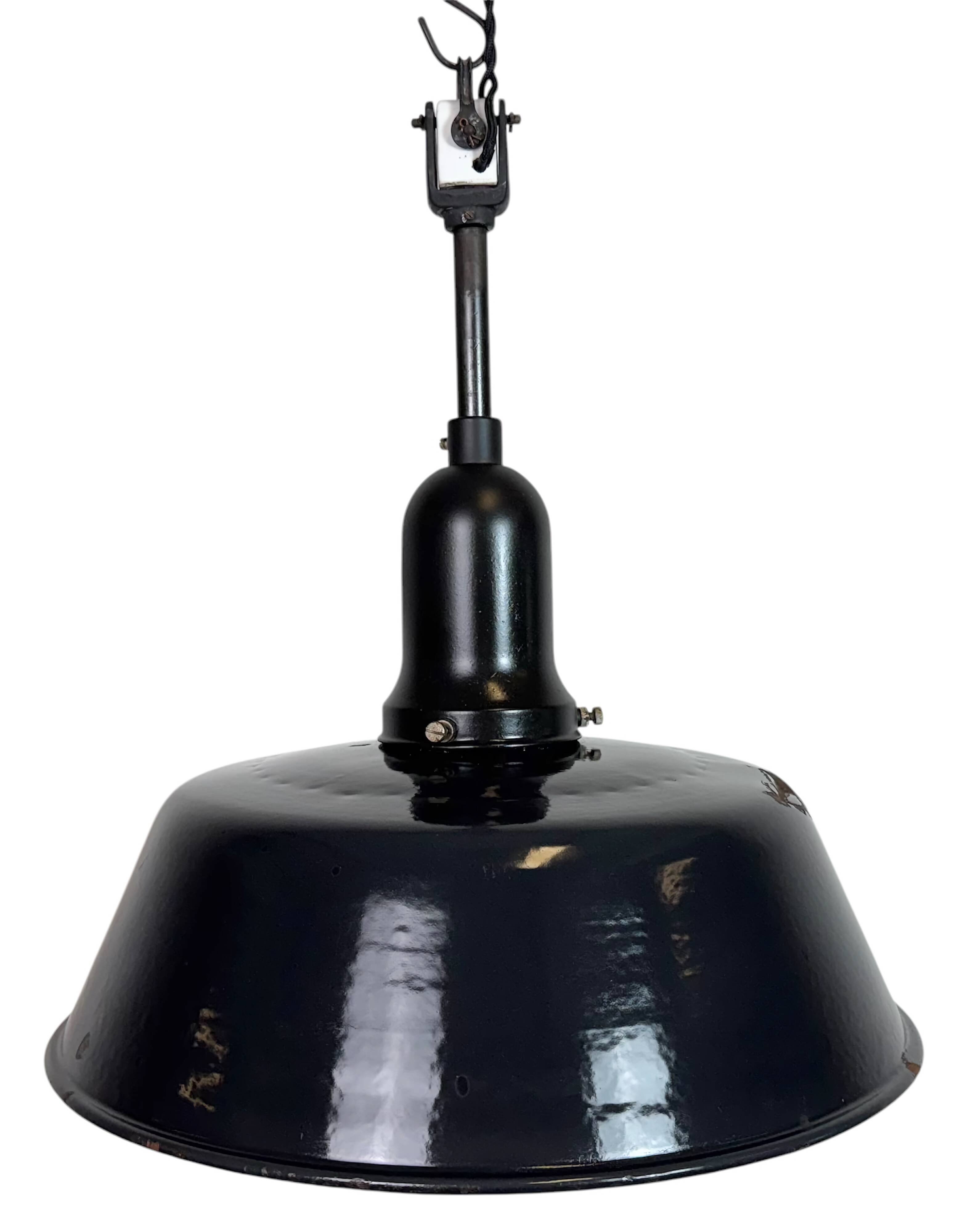 Industrial Black Enamel Factory Lamp with Porcelain Top, 1950s