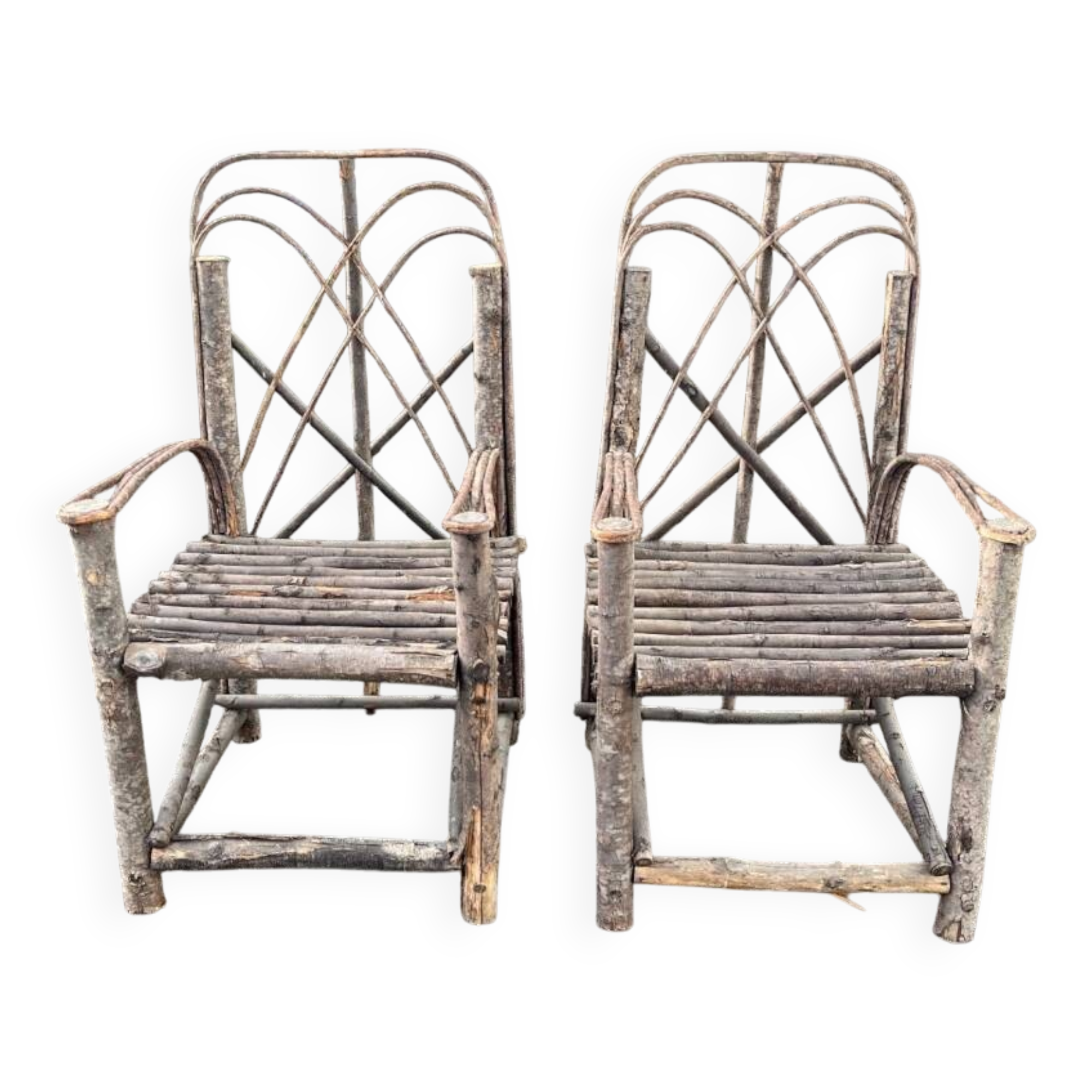 Pair of rustic natural wood armchairs