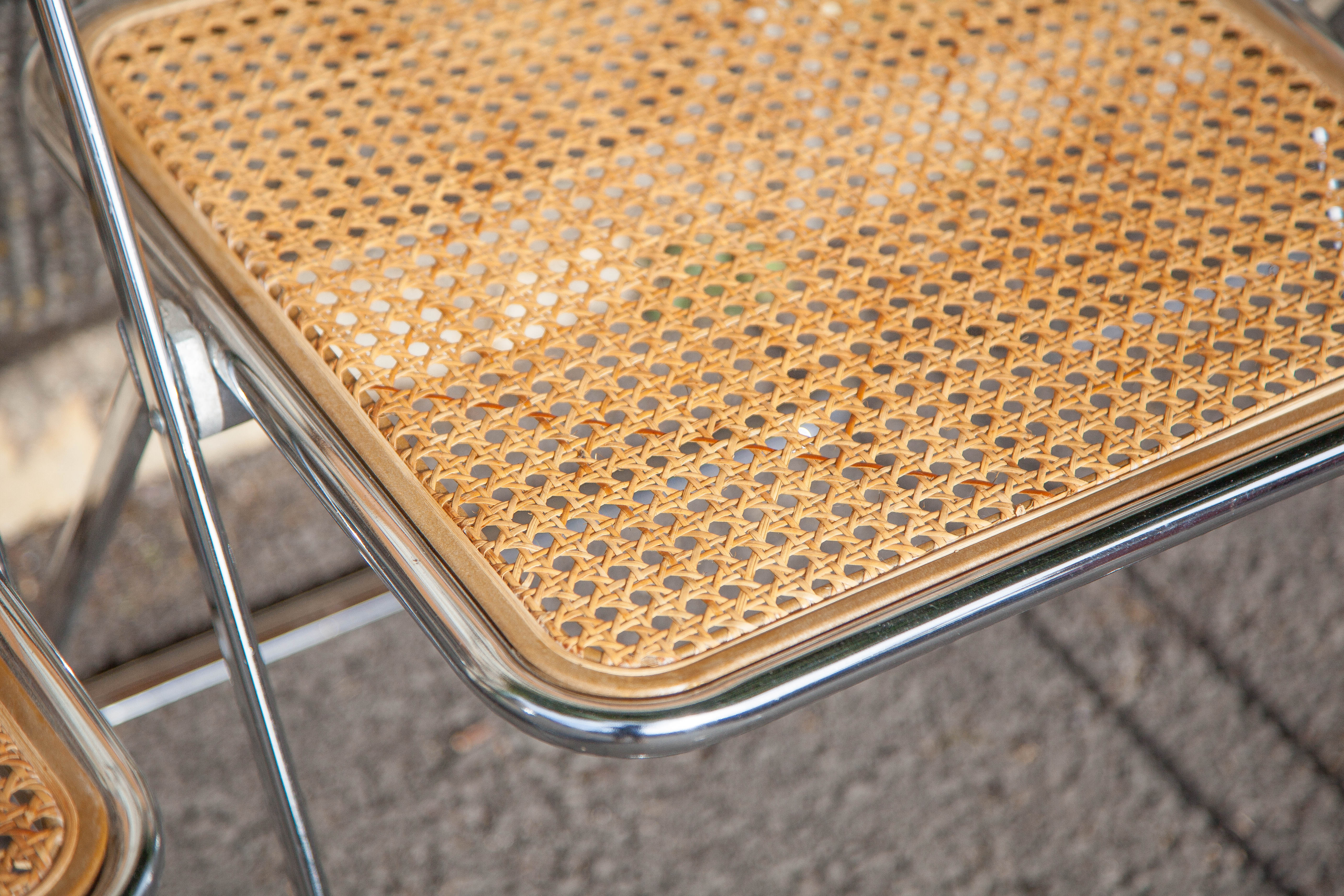 Set of 3 folding chairs in rattan and chromed metal, vintage chair, design, 60's