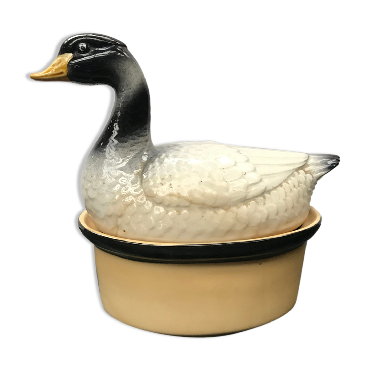Ancienne terrine géo forme canard céramique blanc & noir cuisine