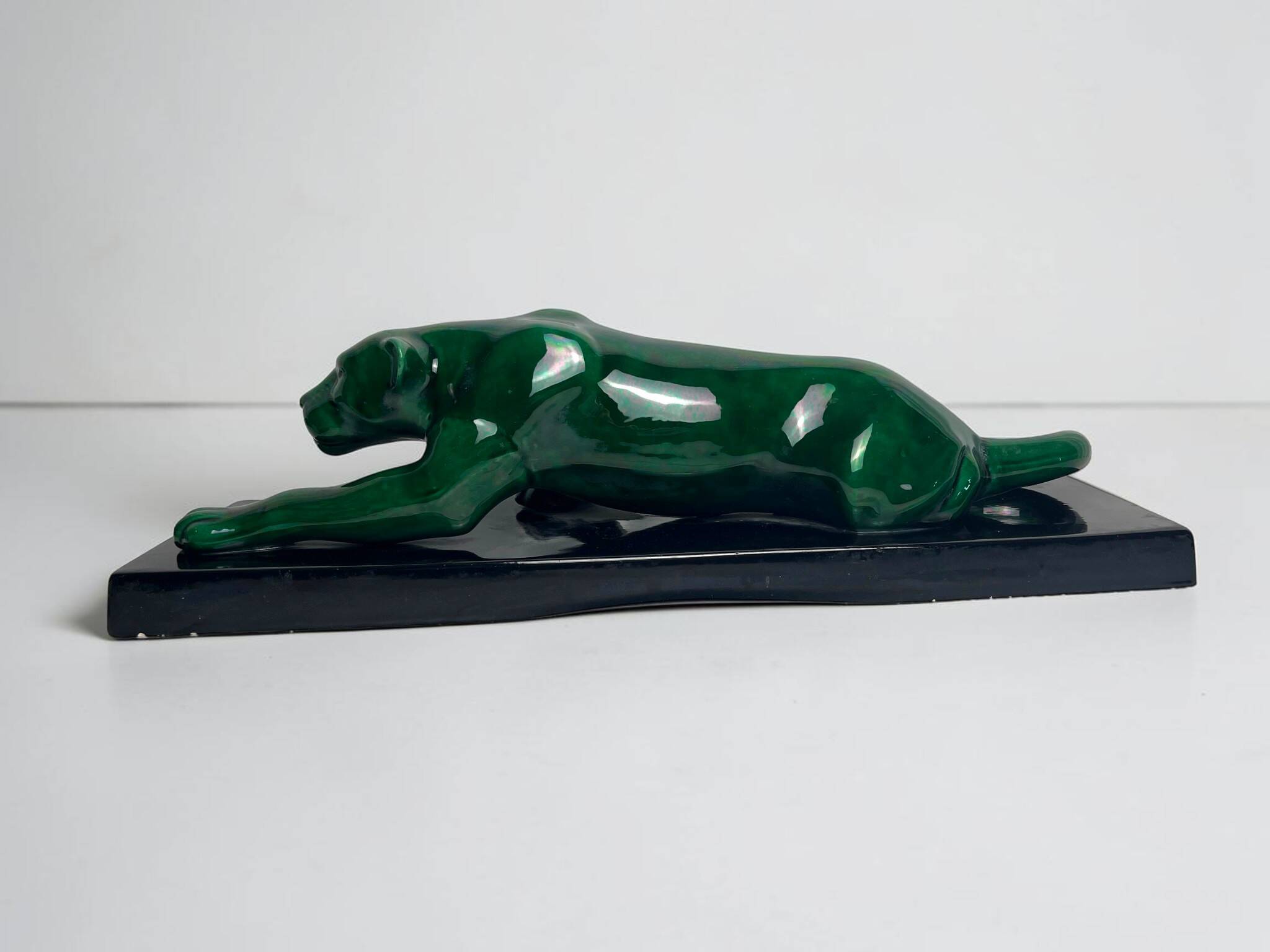 Art Deco, green ceramic panther sculpture circa 1930.