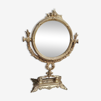 Grand miroir de table psyché/basculant rond, style louis xvi/baroque, en laiton patiné poli. 35 x 22 cm