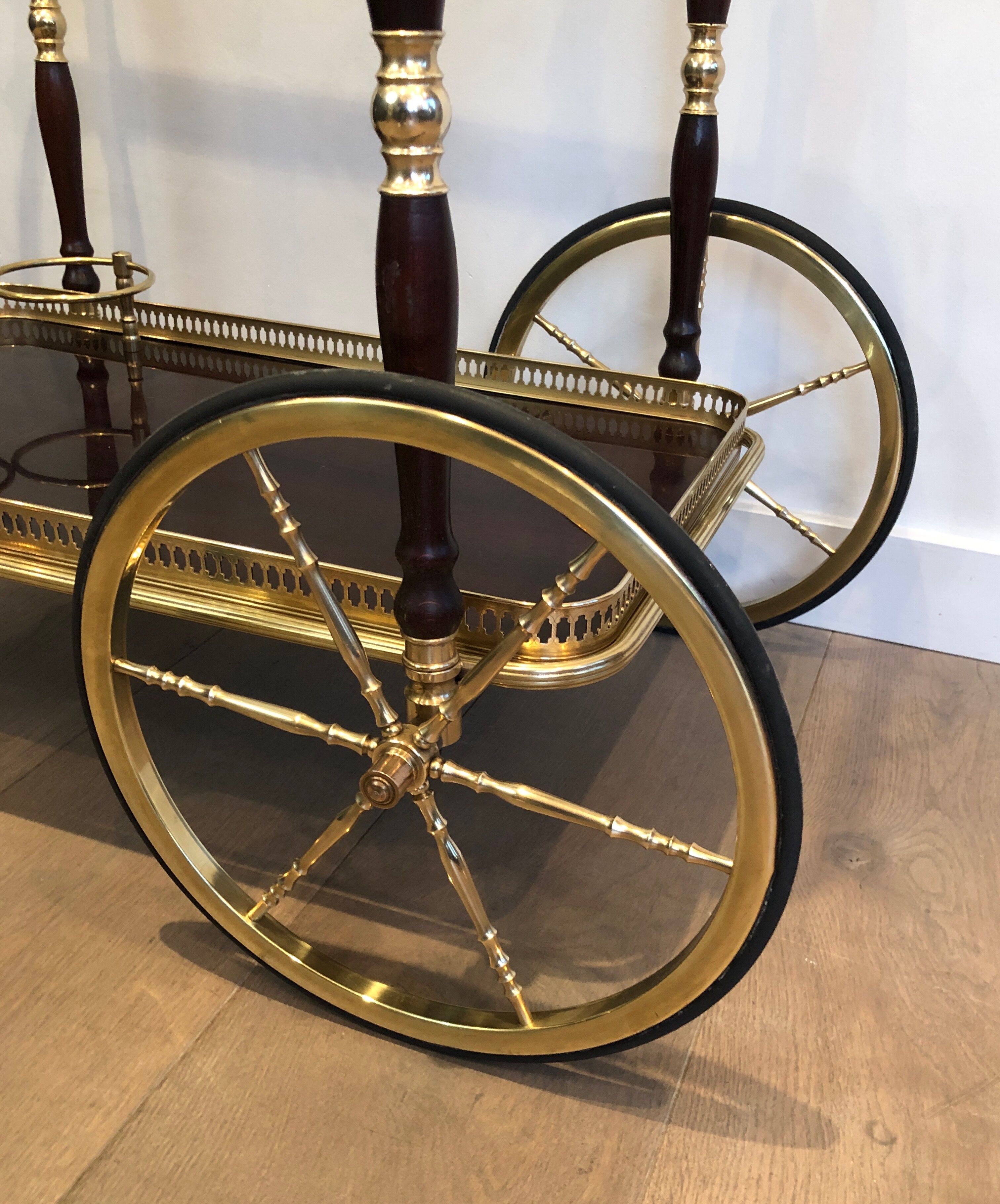 Rolling table in brass and mahogany with removable trays