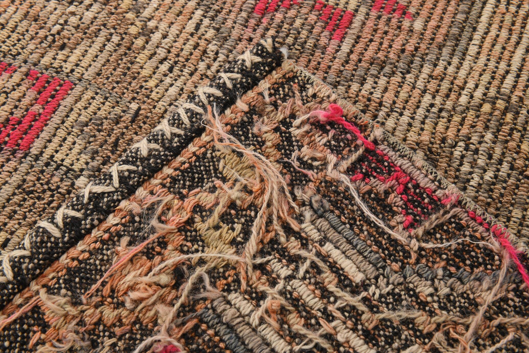 3x9 Faded Brown & Red Geometric Style Rug, Vintage Kilim Rug, 92x280Cm