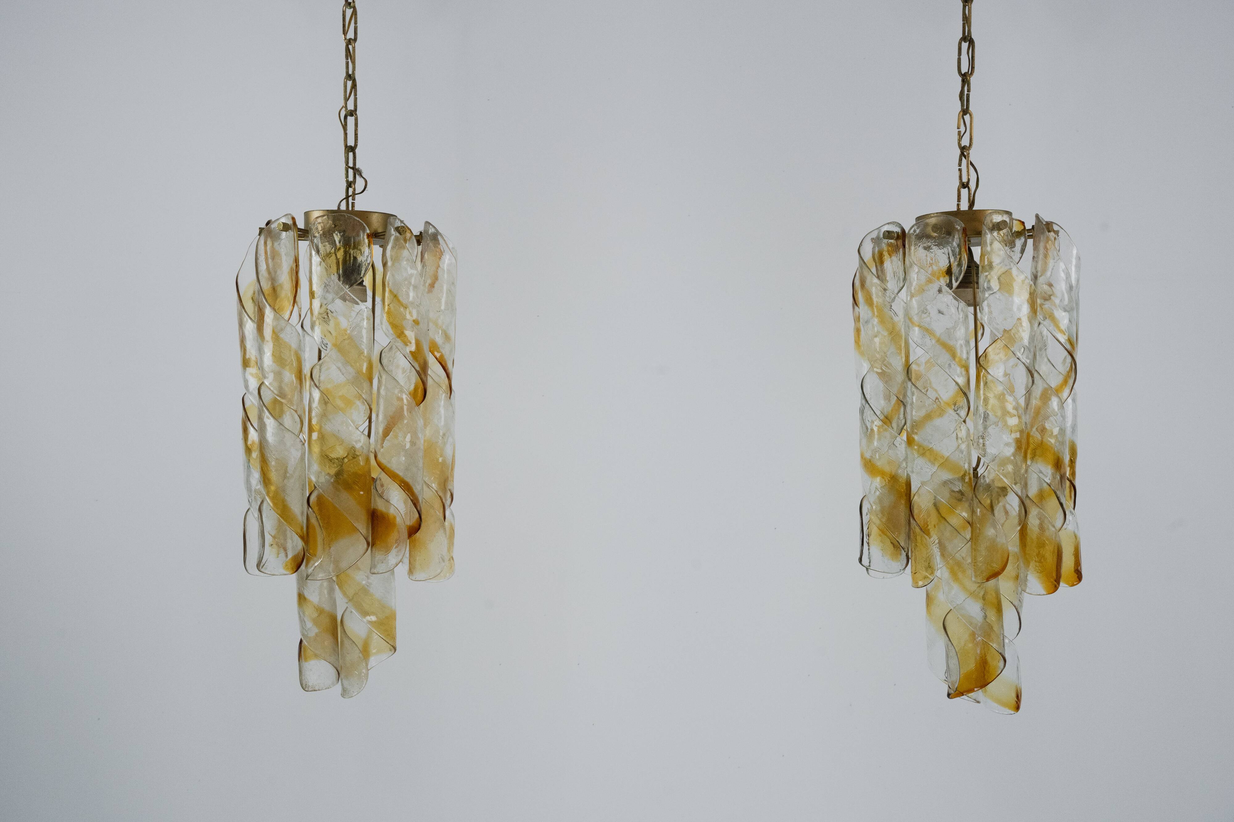 Pair of vintage Torciglione Murano glass chandelier by Mazzega. Italy 1970s