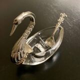 2 swan-shaped salt pots in metal and glass