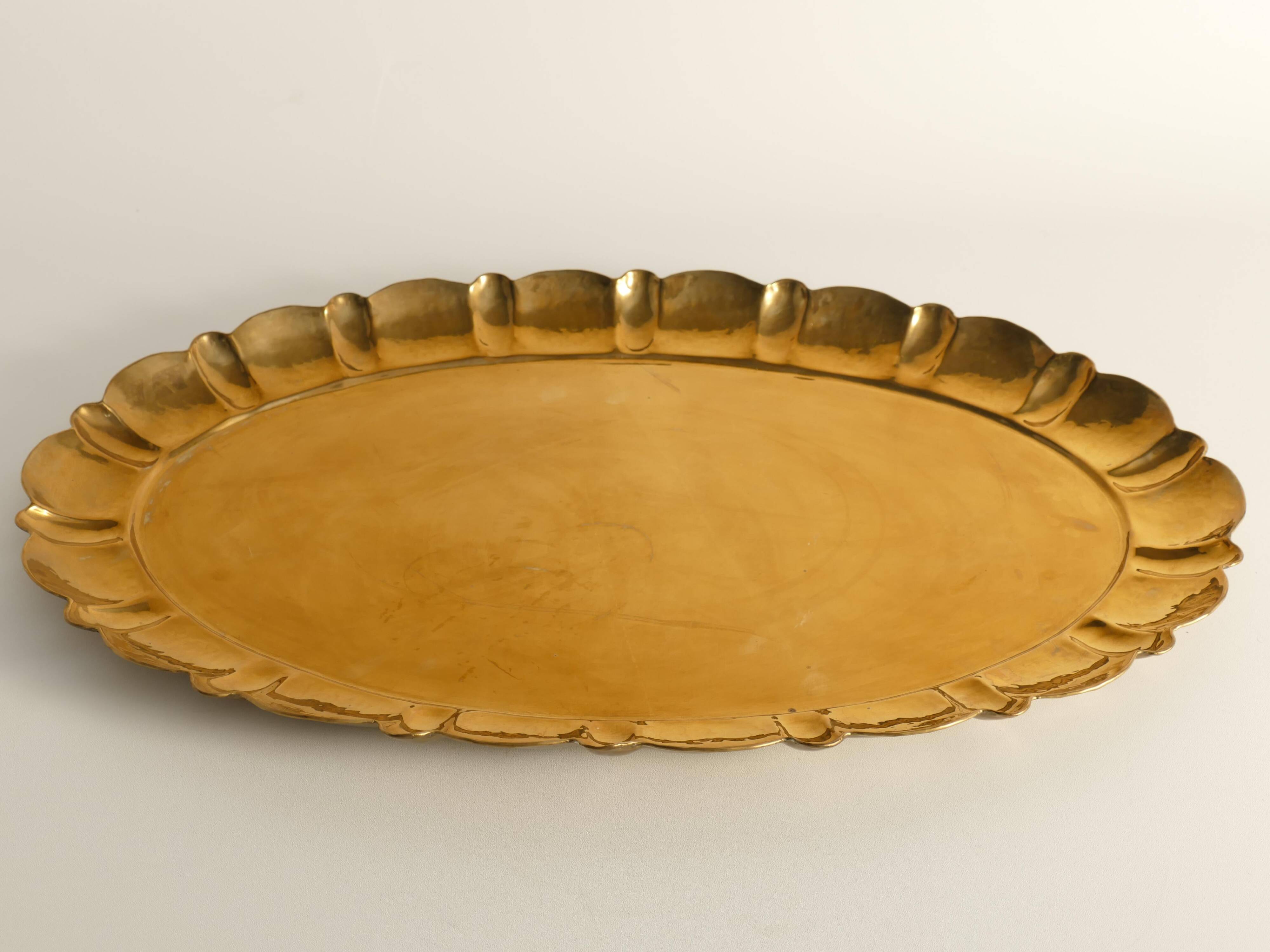 Hollywood Regency Large Oval Brass Tray by Firma Lars Holmström, Sweden 1940's