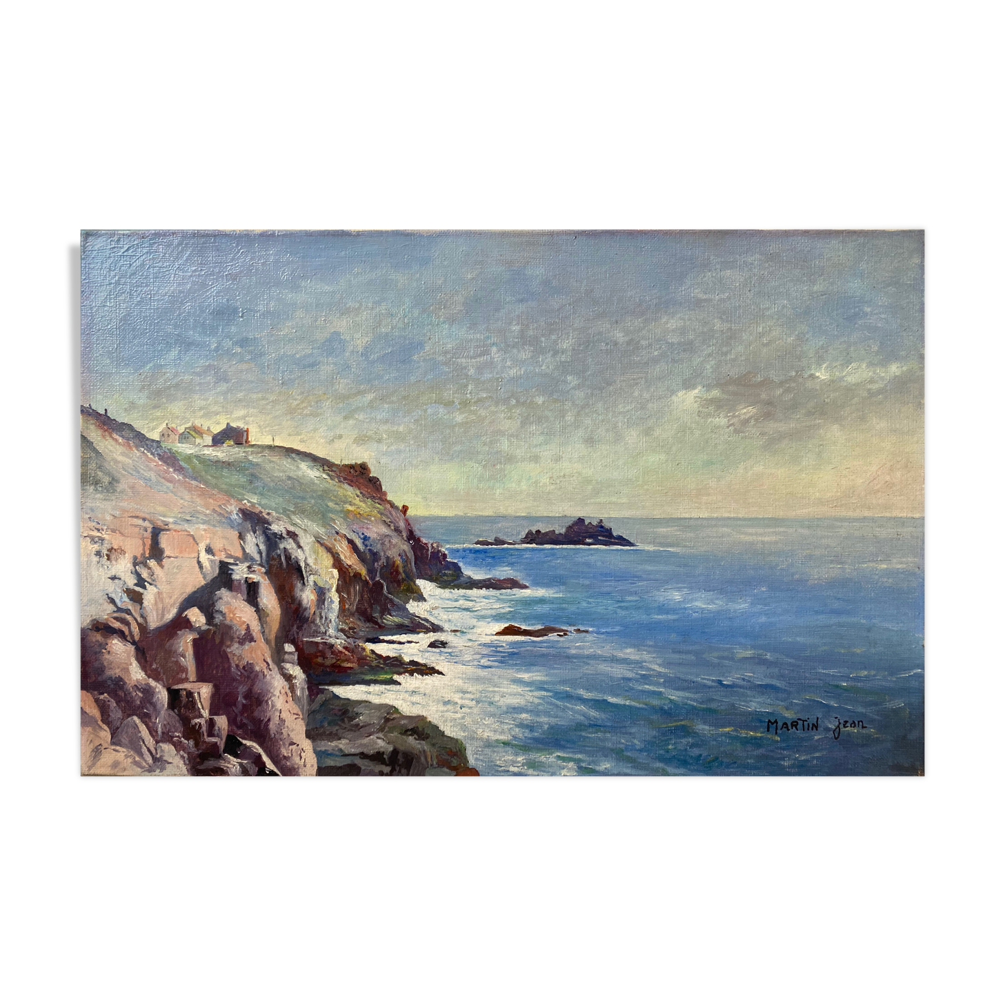 Painting "Breton Marine" or Normandy, HST Village on the coast Jean Martin