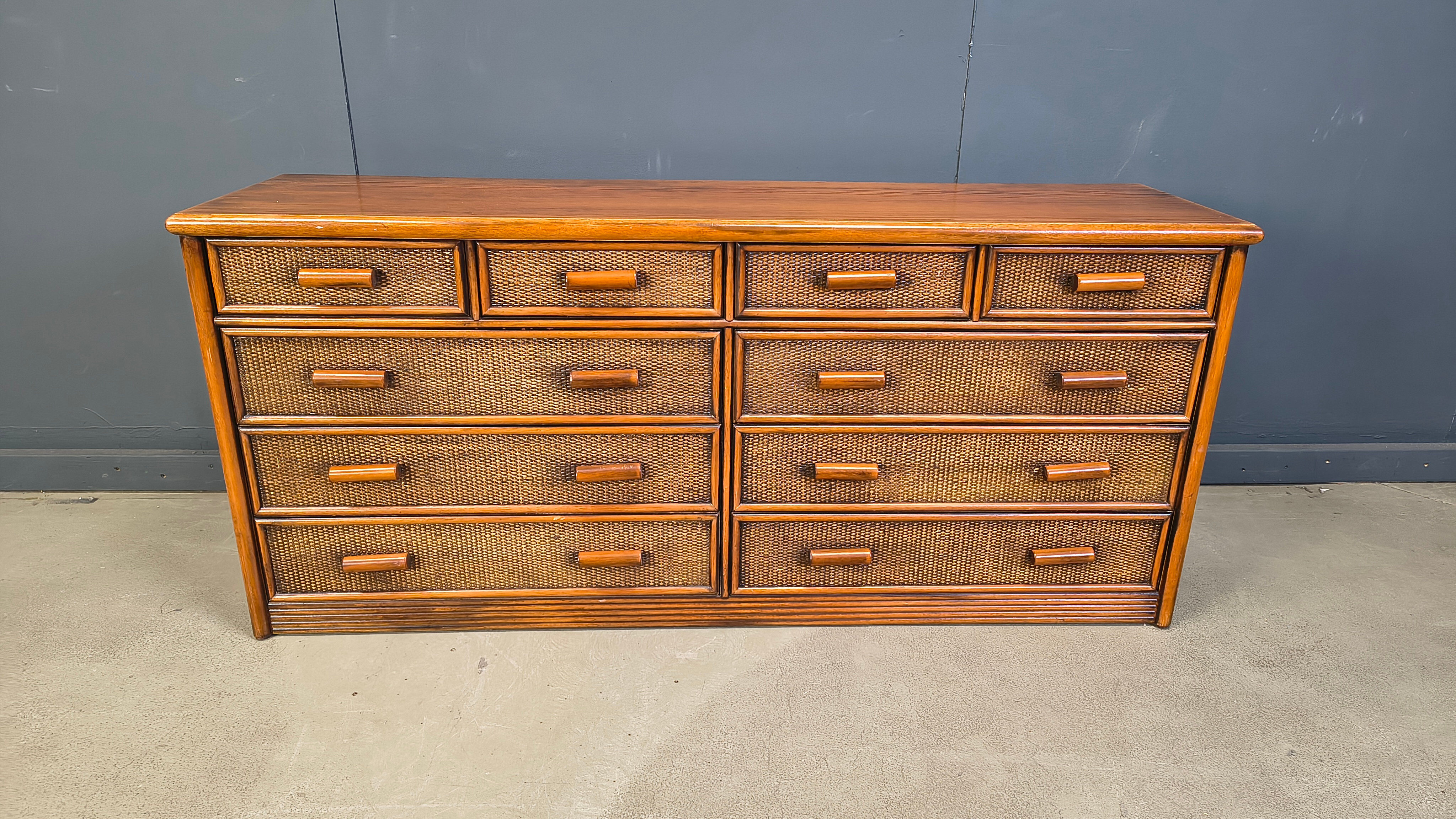 Vintage rattan and bamboo chest of drawers, 1970s