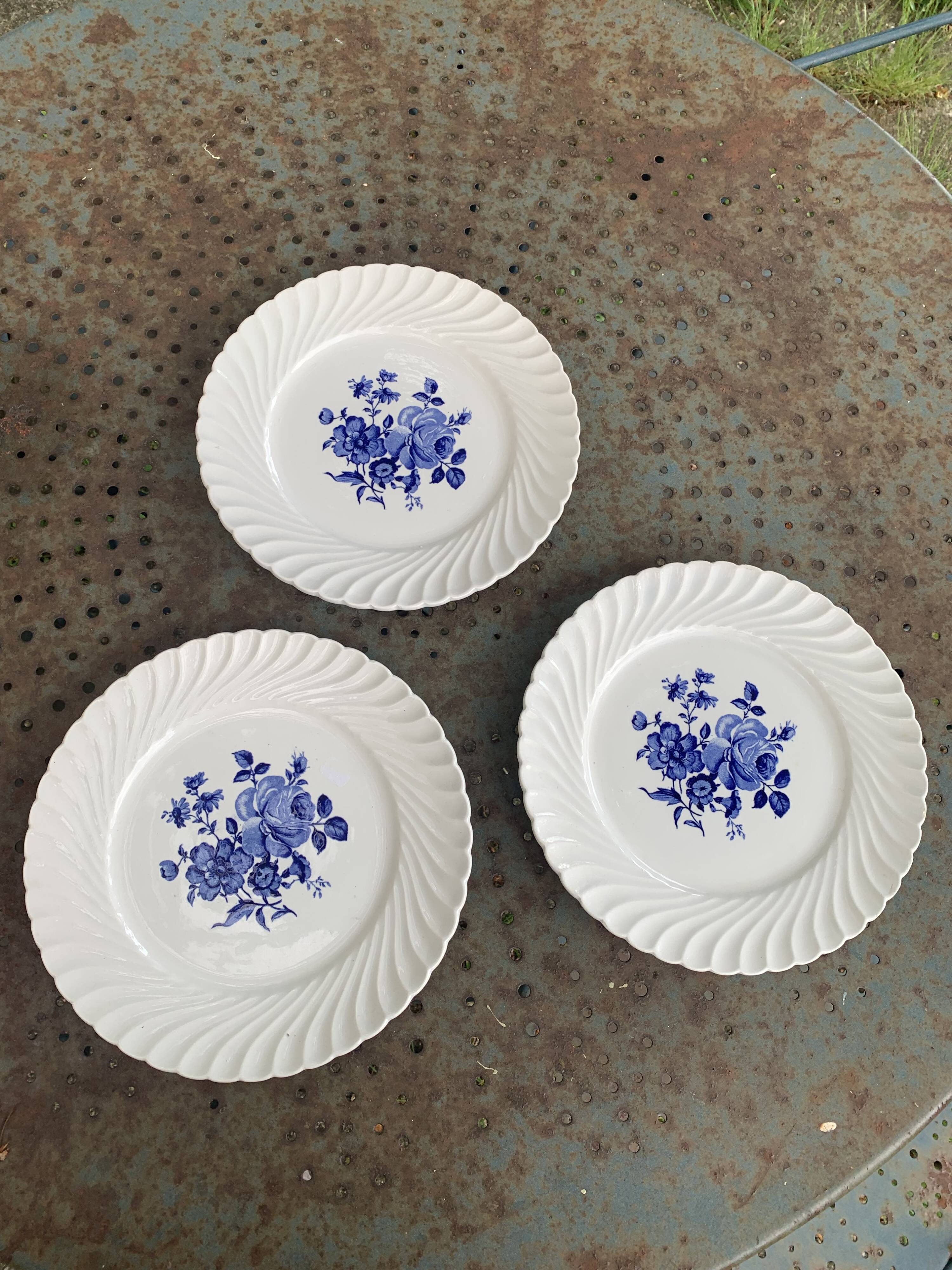 3 Luneville France vintage blue rose dinner plates