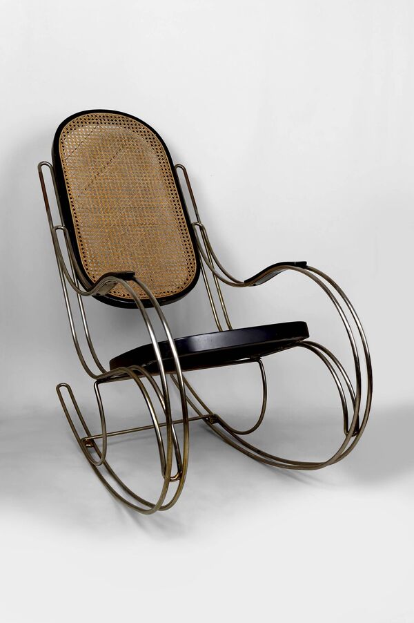 Rocking Chair Moderniste Bois Noirci, Cannage et Structure Chromée, 1960-70