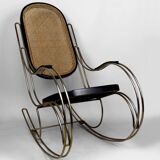Modernist Rocking Chair in Blackened Wood, Canework and Chrome Frame, 1960-70