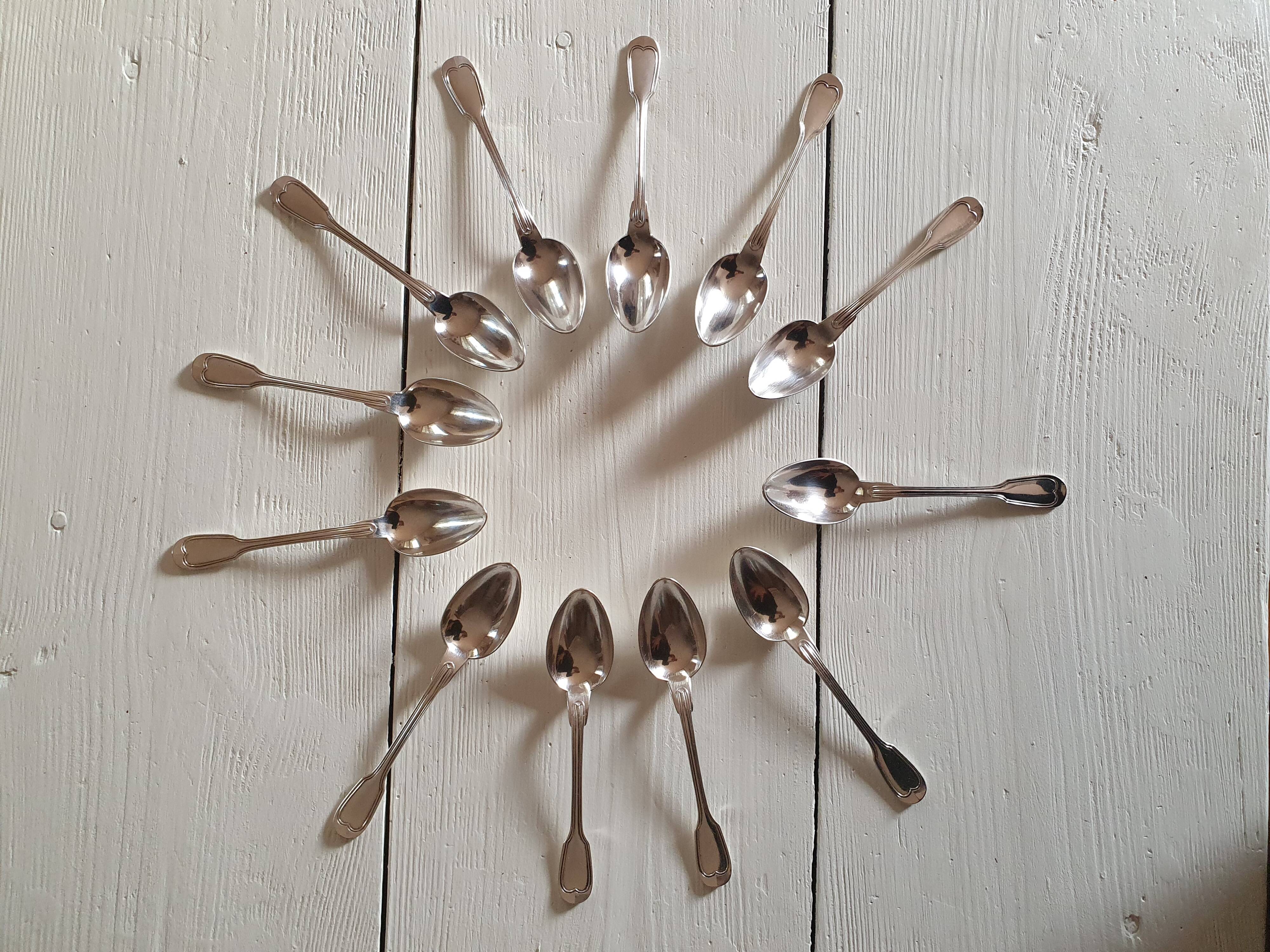 12 small silver metal spoons Christofle mesh model