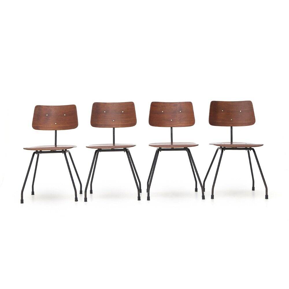 Curved plywood and metal chair, 1950s, set of 4