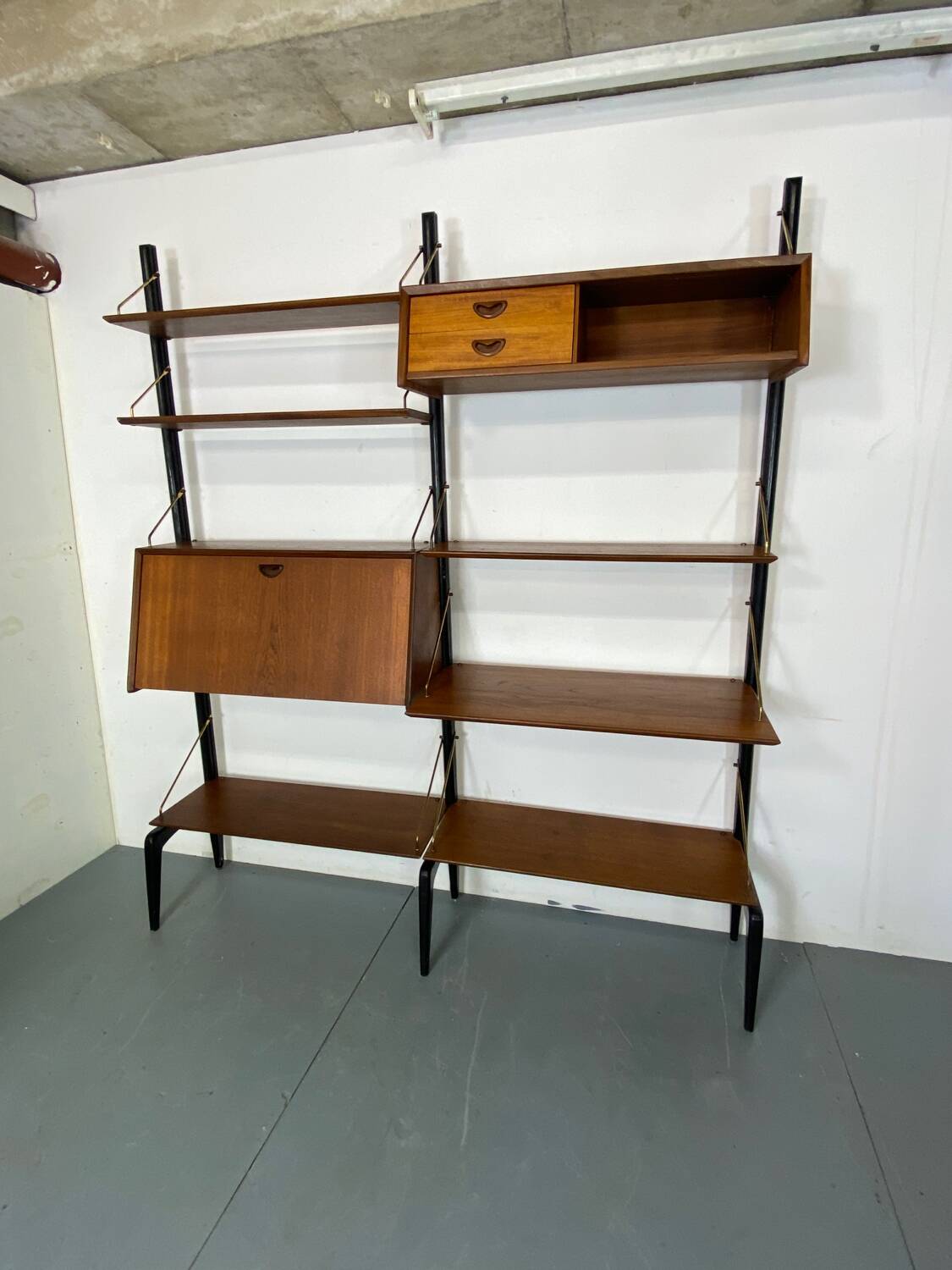 Mid-Century Danish Style Teak and Brass Wall System Unit by Louis Van Teeffelen for Wébé, 1950s