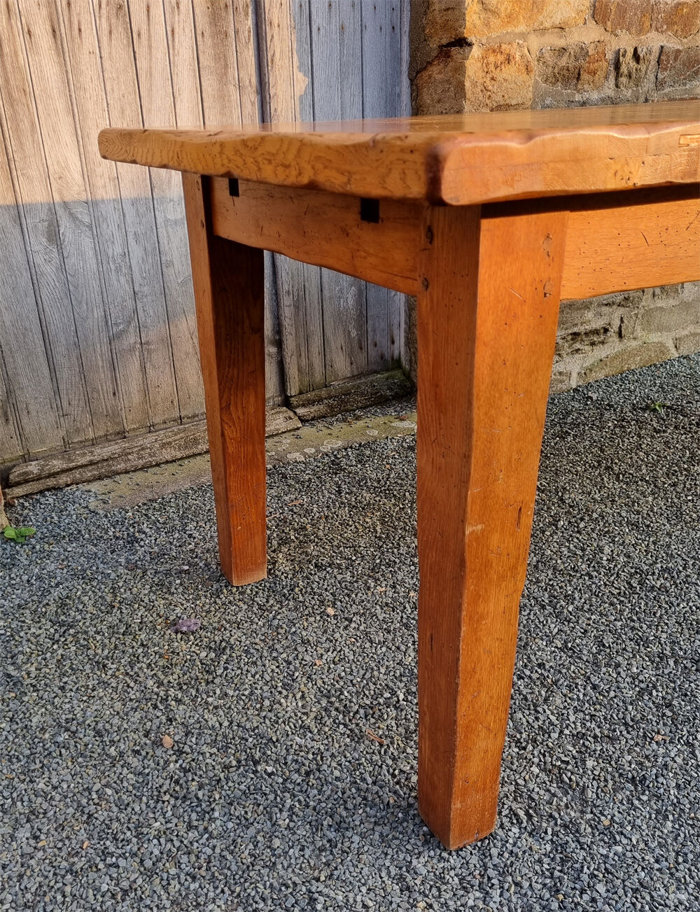 Solid oak farmhouse table, two drawers, vintage, early twentieth century.