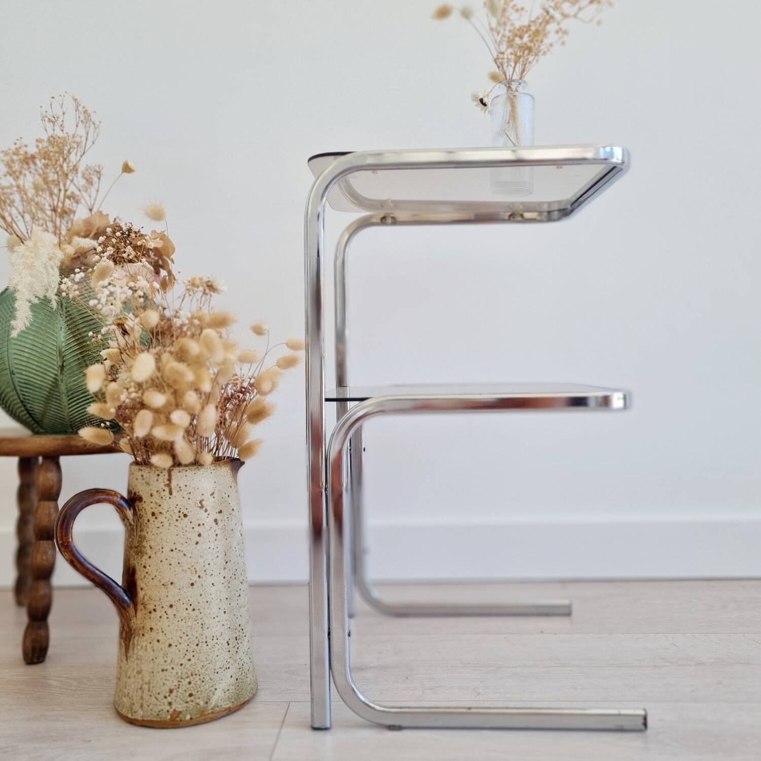 Side table - chrome and smoked glass table - vintage design