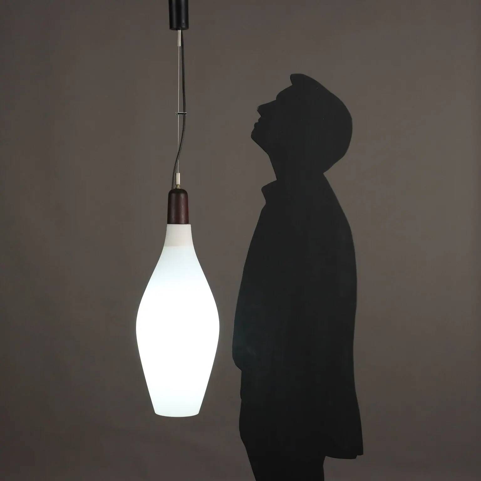 Vintage opaline glass and teak suspension, Italy, 1960s.