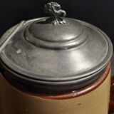 Beige and brown earthenware teapot with pewter lid, early 20th century