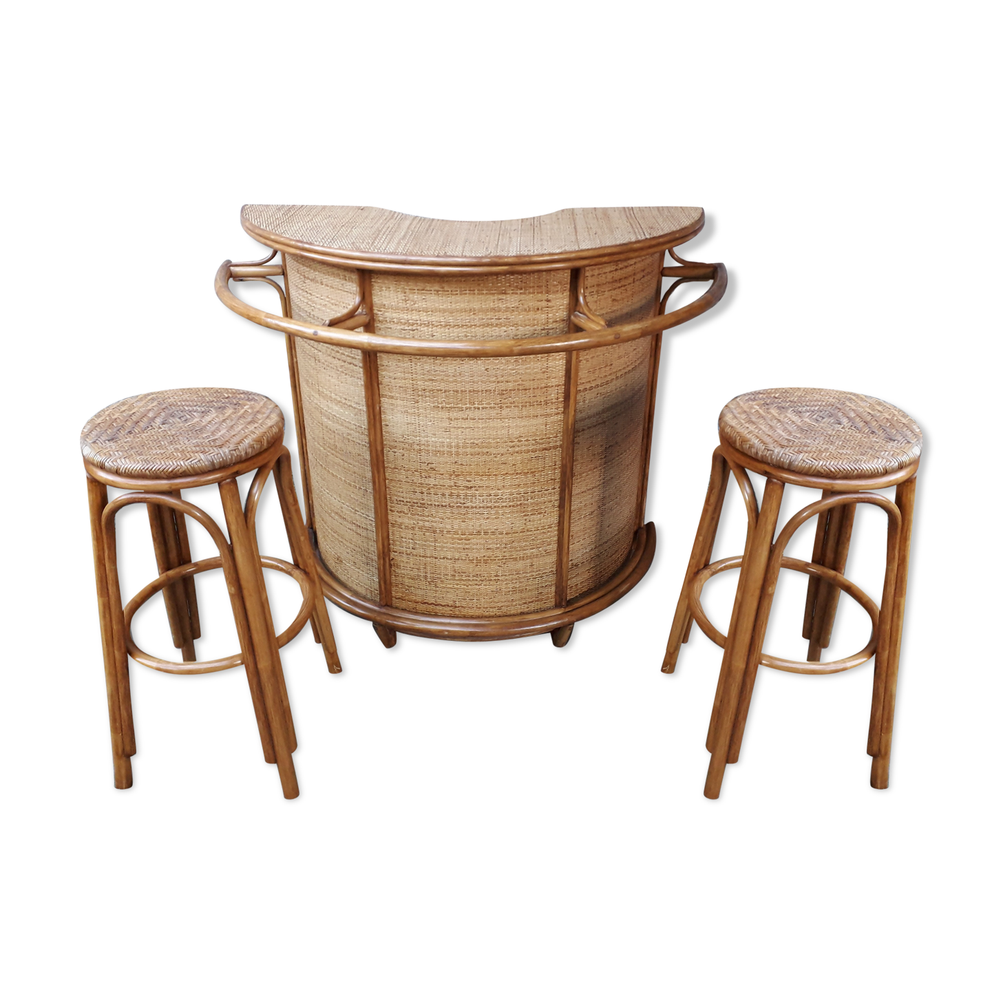 Bar en rotin vintage & ses tabourets
