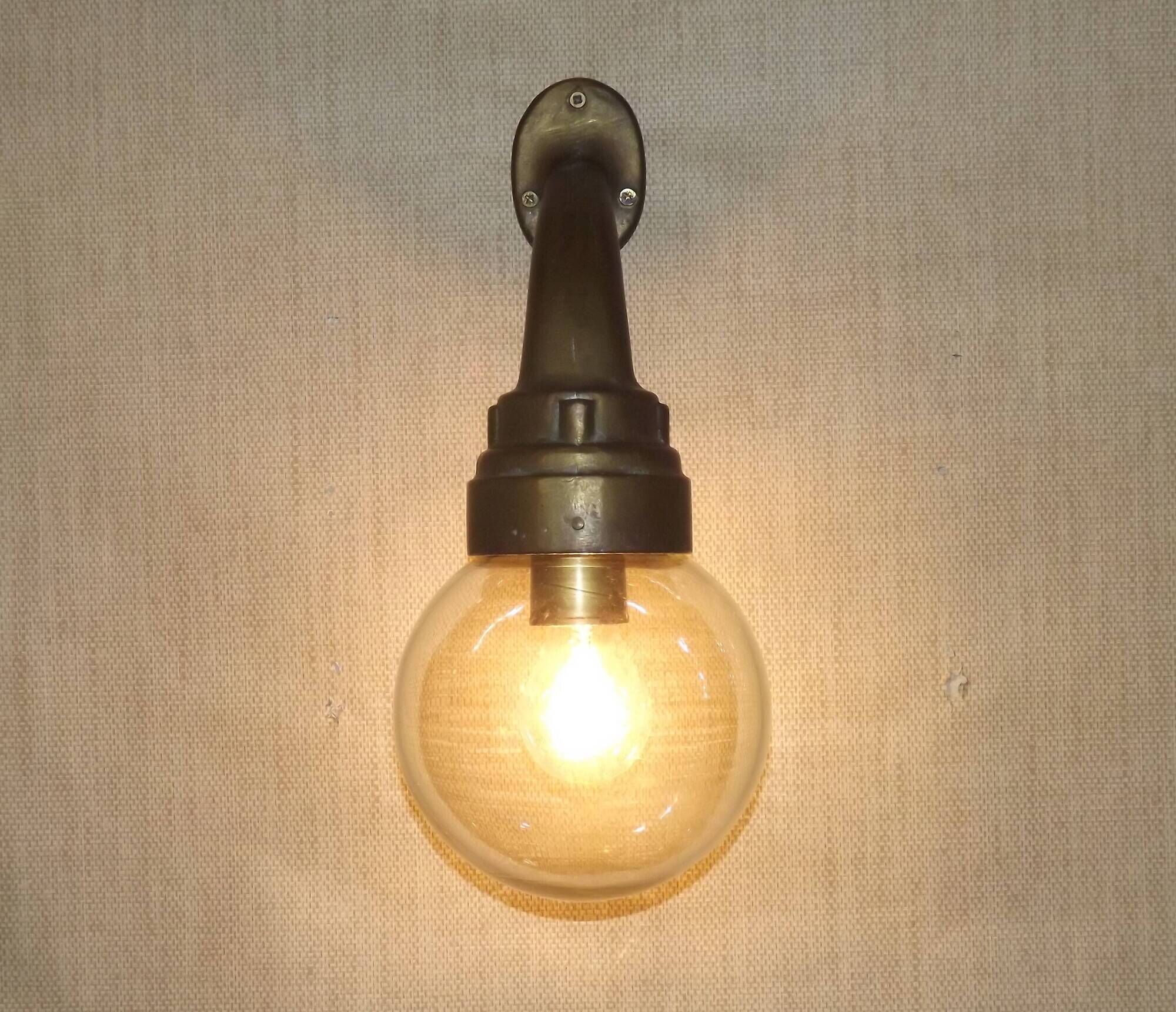 Old French Heavy Cast Bronze Marine Nautical Wall Light Glass Ball Shade 5101