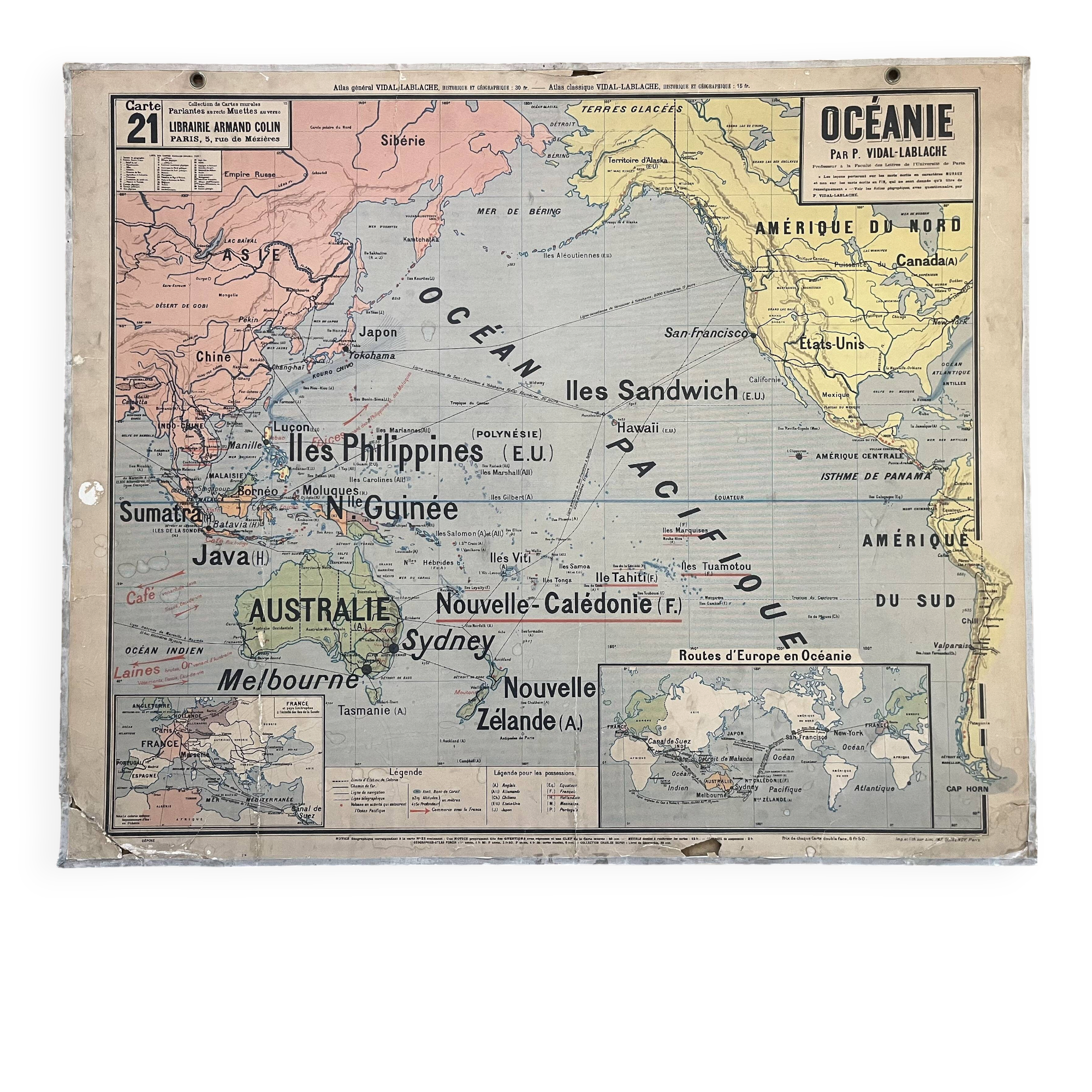 Old school map Vidal-Lablache 21, Mézières T15, 1900 Oceania