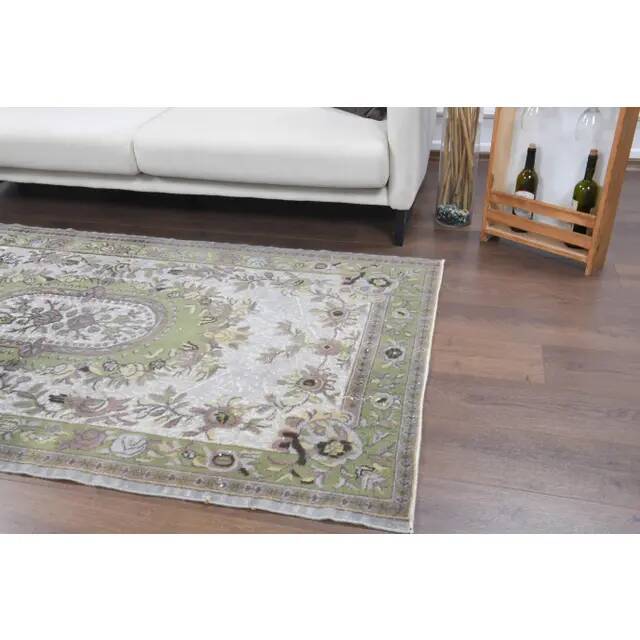 Vintage Turkish Oushak handmade wool cotton green area rug 108x225