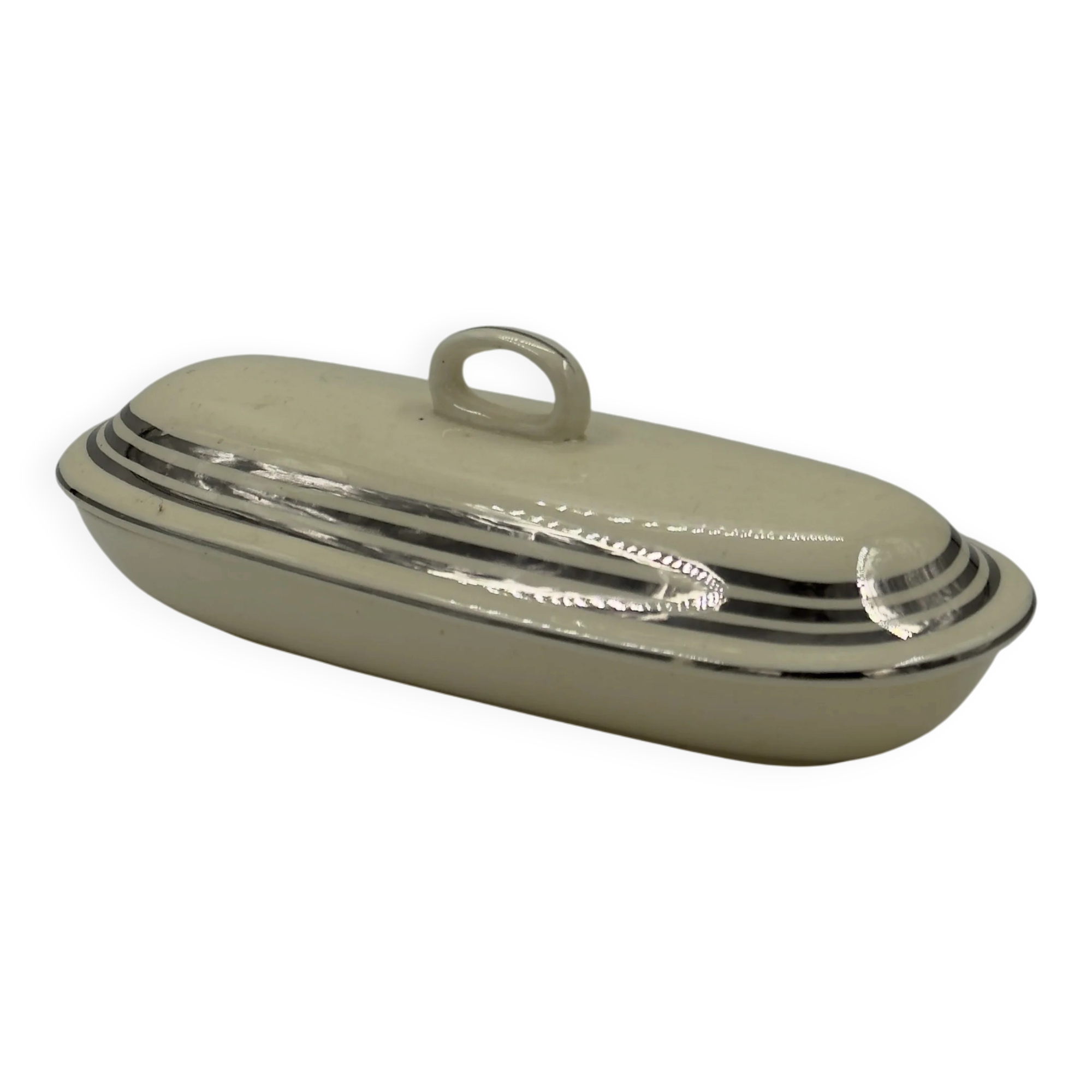 Vintage Art Deco butter dish in ivory ceramic with platinum stripes.