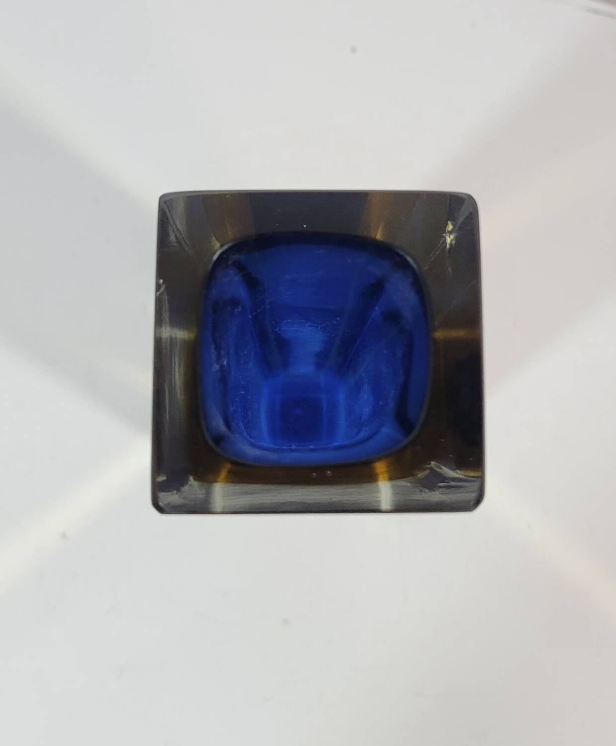 MURANO Flavio Poli Soliflore ou Vase carré vintage en Verre Bleu et Jaune