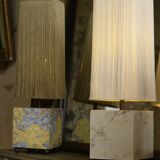 Base stuck blue beige marble-plaster, fringed lampshade Houles, 21st century.