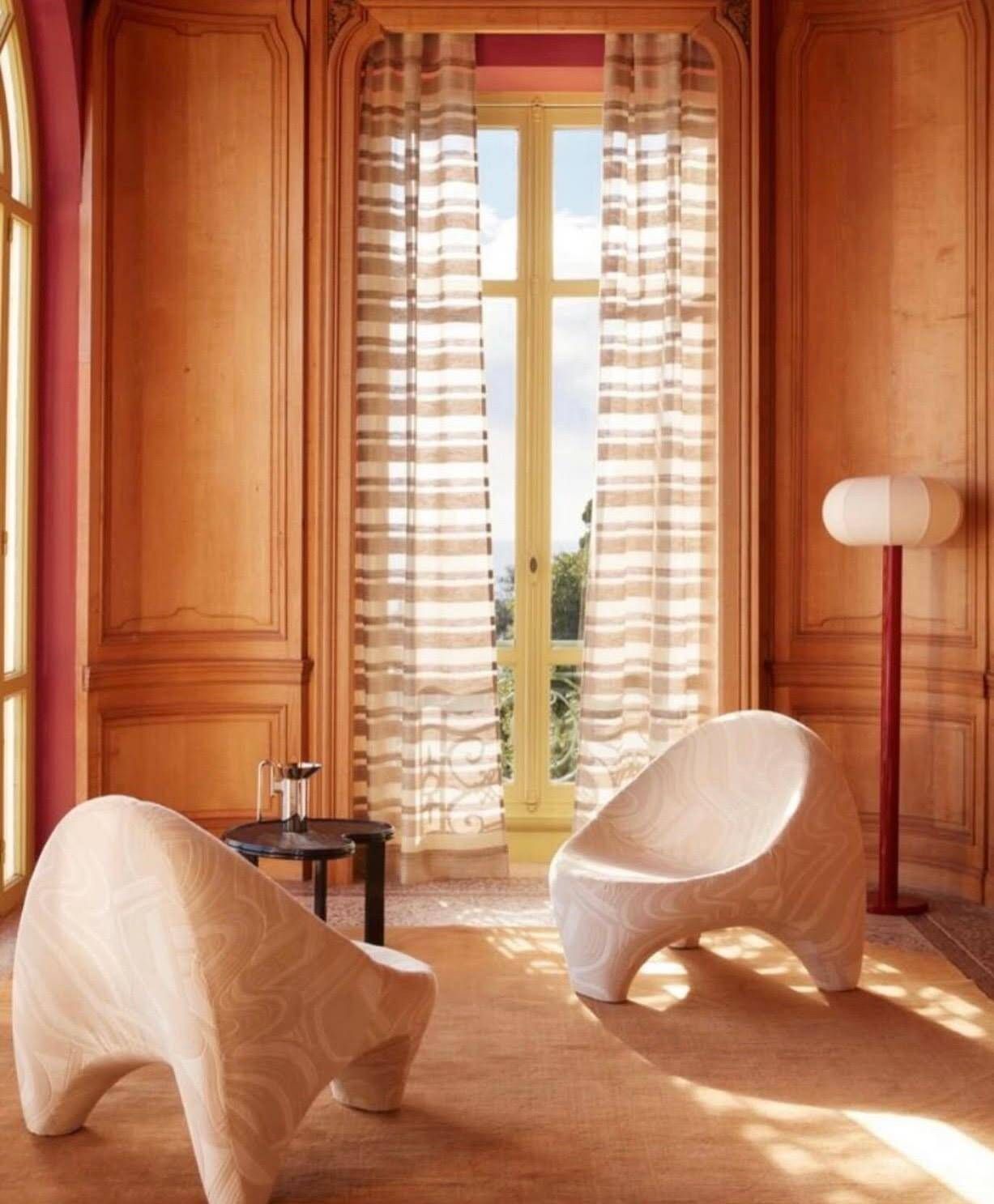 Pair of Sculptural Lounge Chairs by Luigi Colani, 1960s – Hermès Metaphores Silk