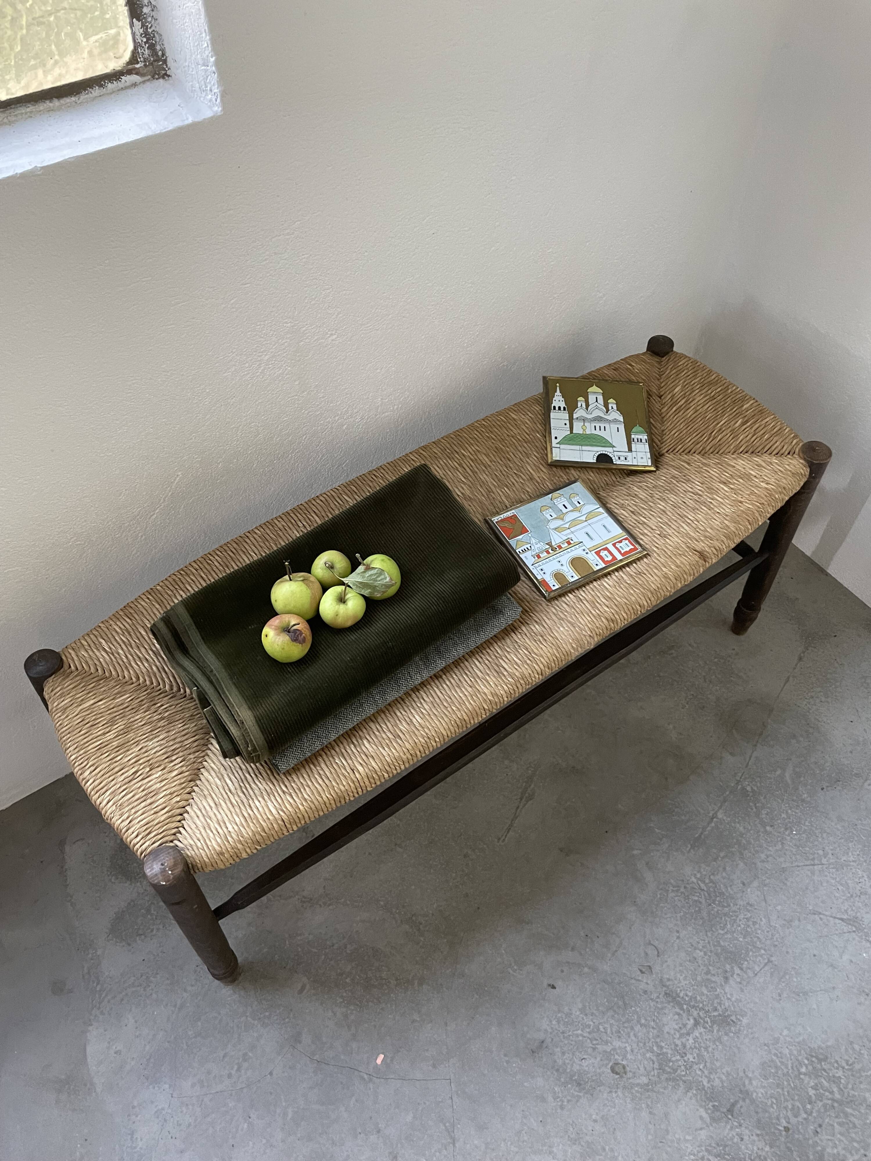Oak and straw farm bench