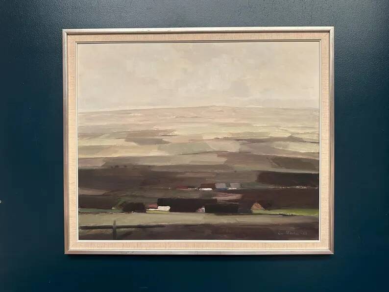Oil on panel original Swedish - "House in a flat landscape" by Evert Färhm - Dated 1968 - vintage and framed - 81 × 68 cm (31.9" × 26.8")