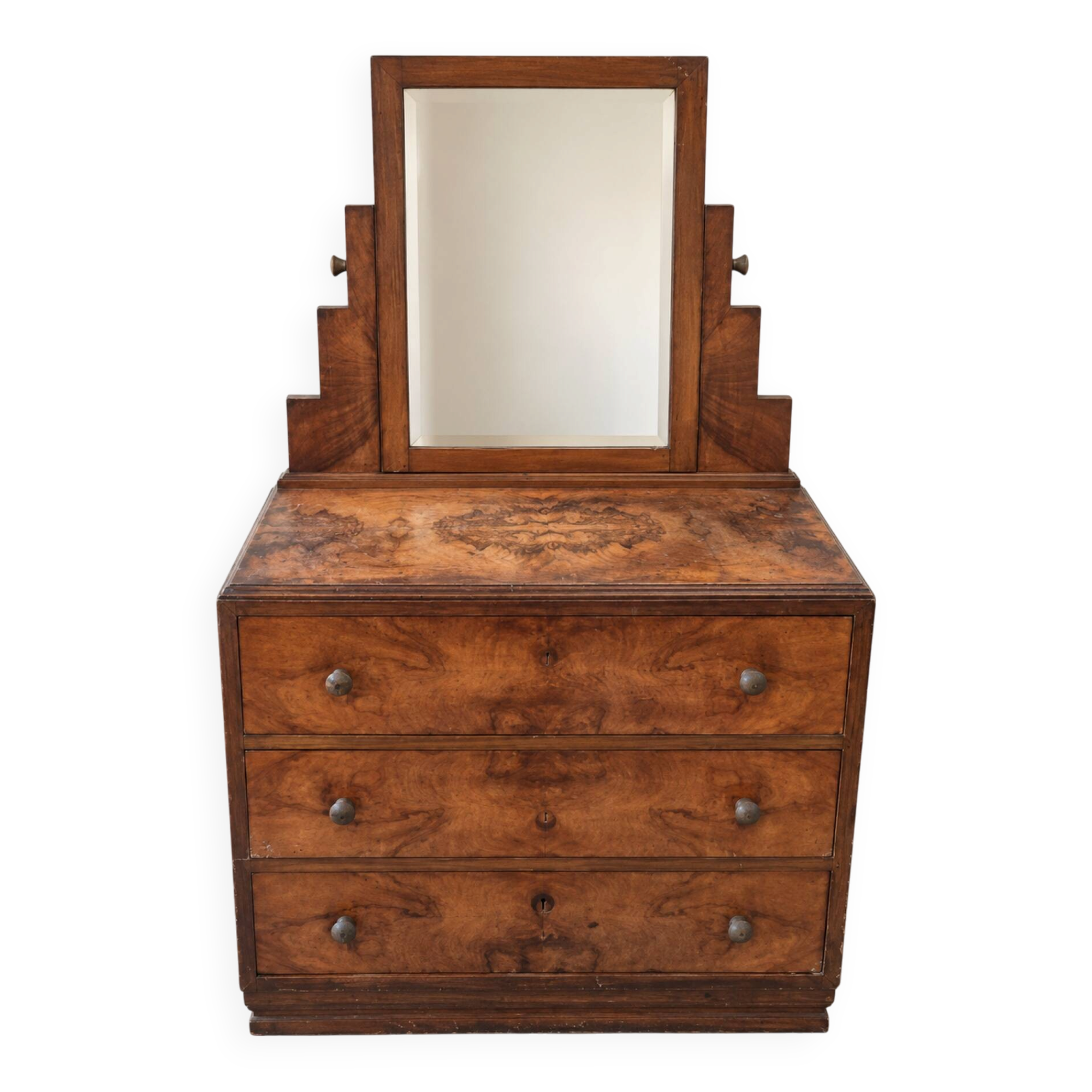 Commode-coiffeuse Art Déco en ronce de noyer et miroir psyché basculant