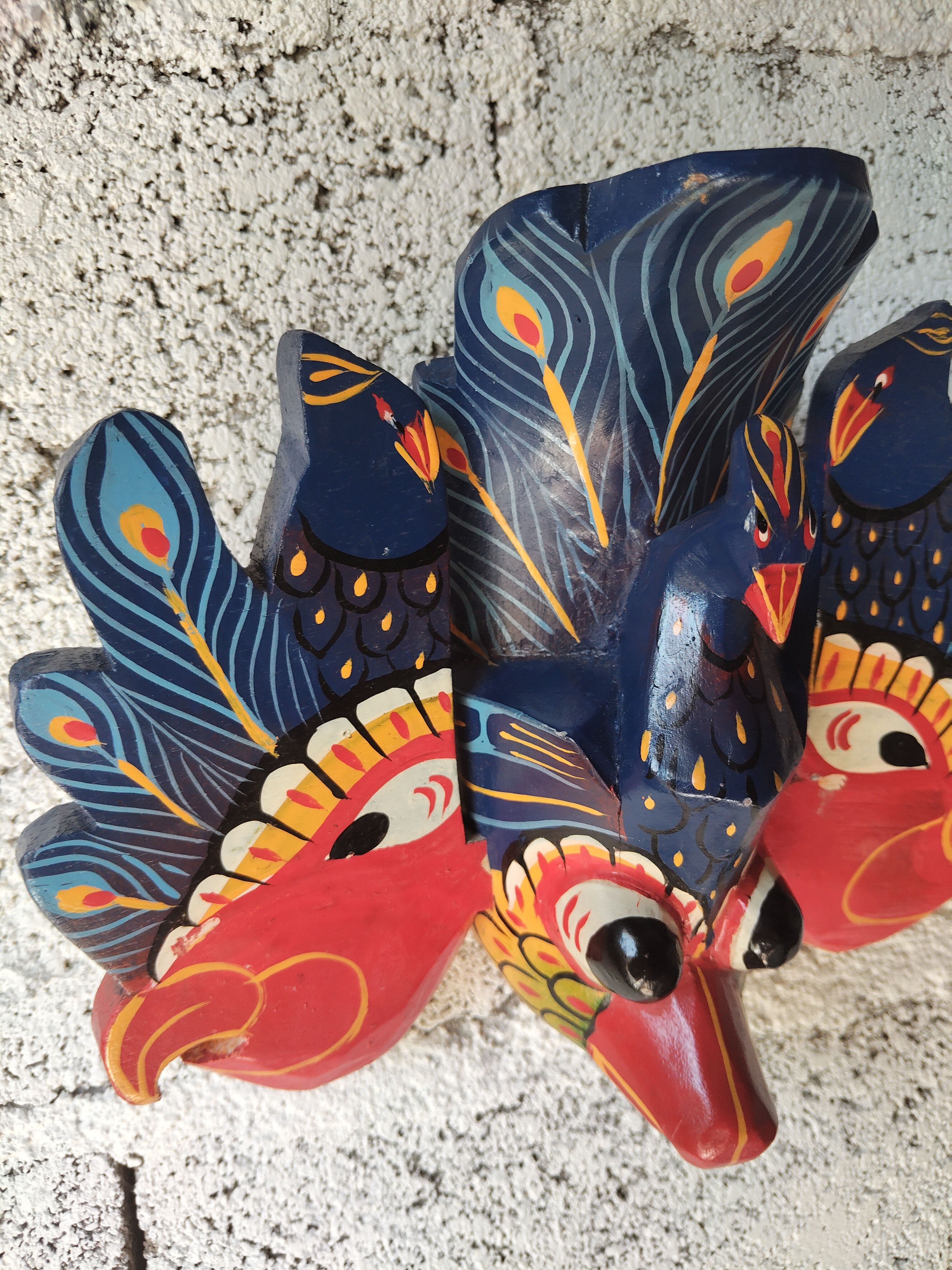Ancient Balinese mask carved and painted – Stylised peacock – Art p