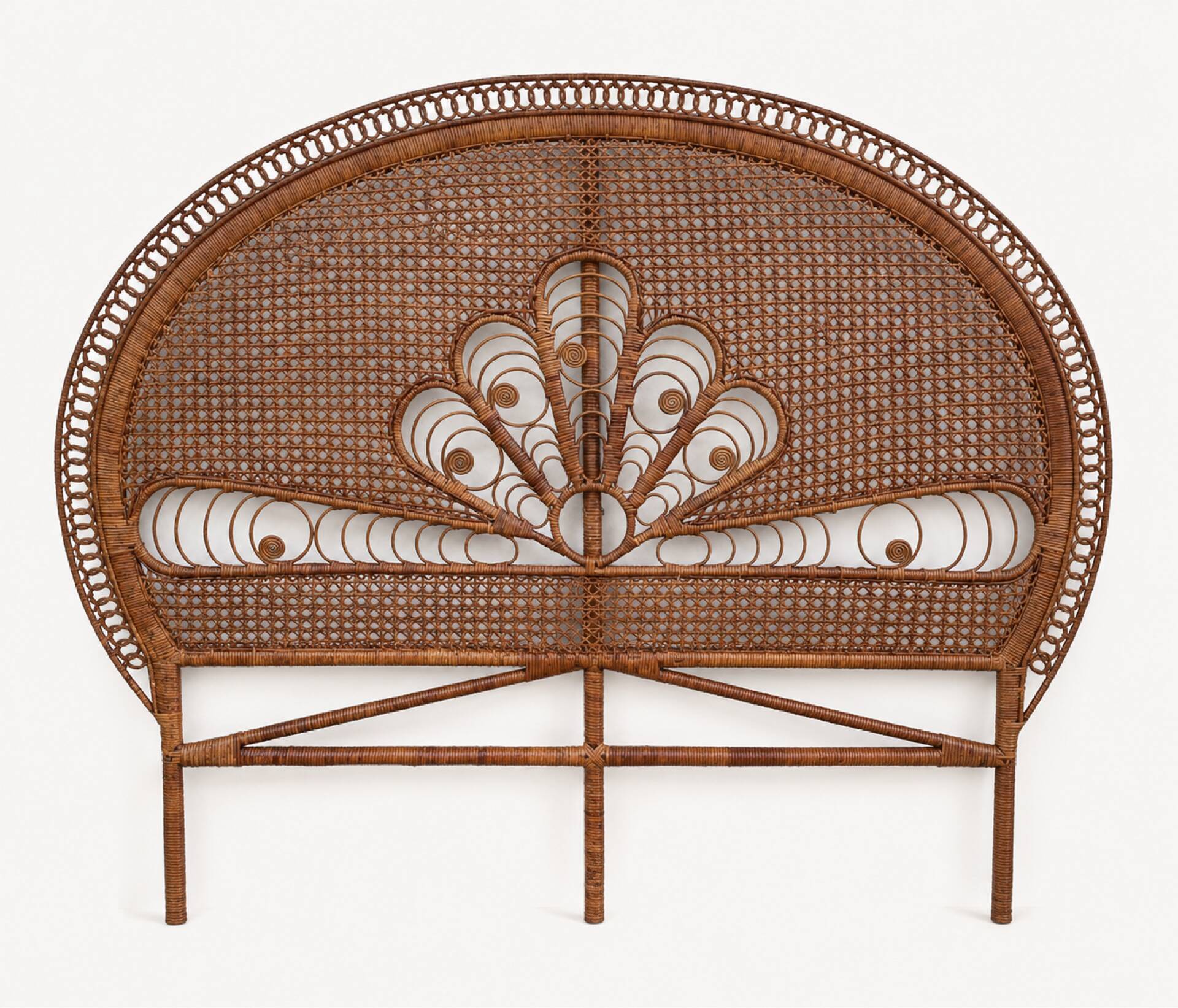 Large vintage headboard in woven rattan fan / Peacock 180cm