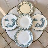 set of 5 flat plates Terre de Fer mismatched Sarreguemines "Griffon", Salins "Ninon" and Mouli