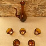 Old gat carafe service + 5 glasses molded orange glass 1970 vintage