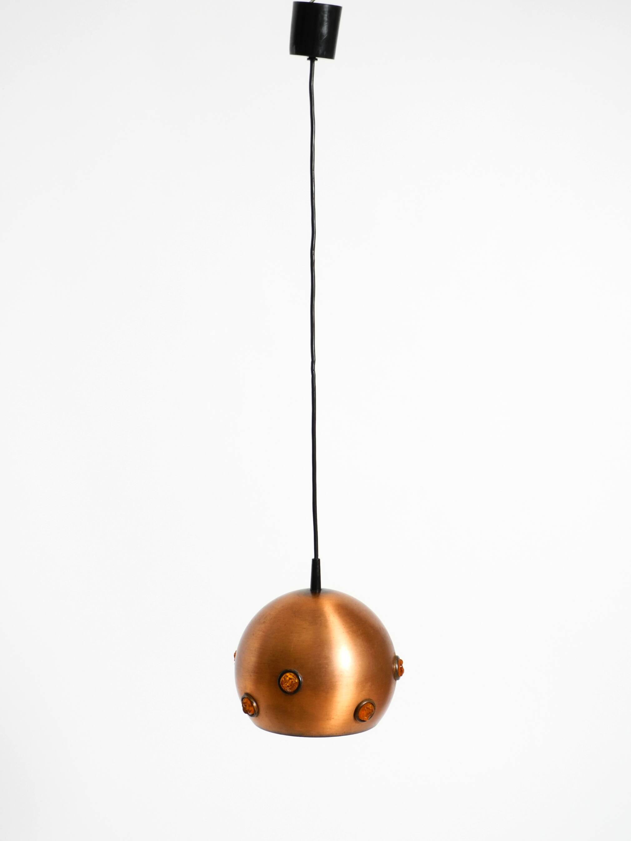 Original 1960s solid copper pendant lamp with orange synthetic glass stones