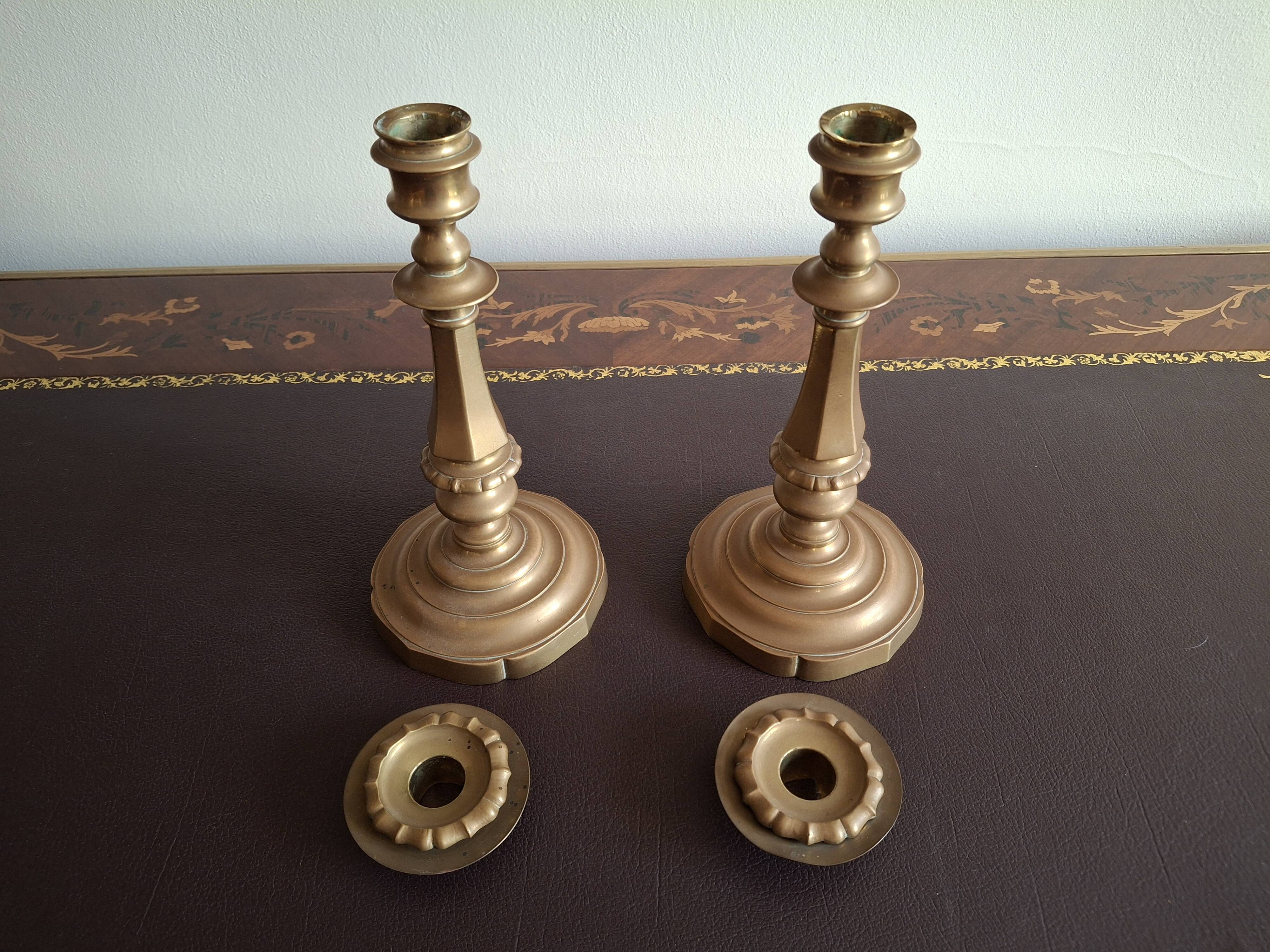 Pair of large candlesticks in gilded brass, 19th century