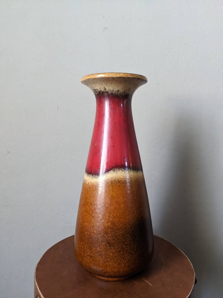 West German ceramic vase, country decoration, brown & red