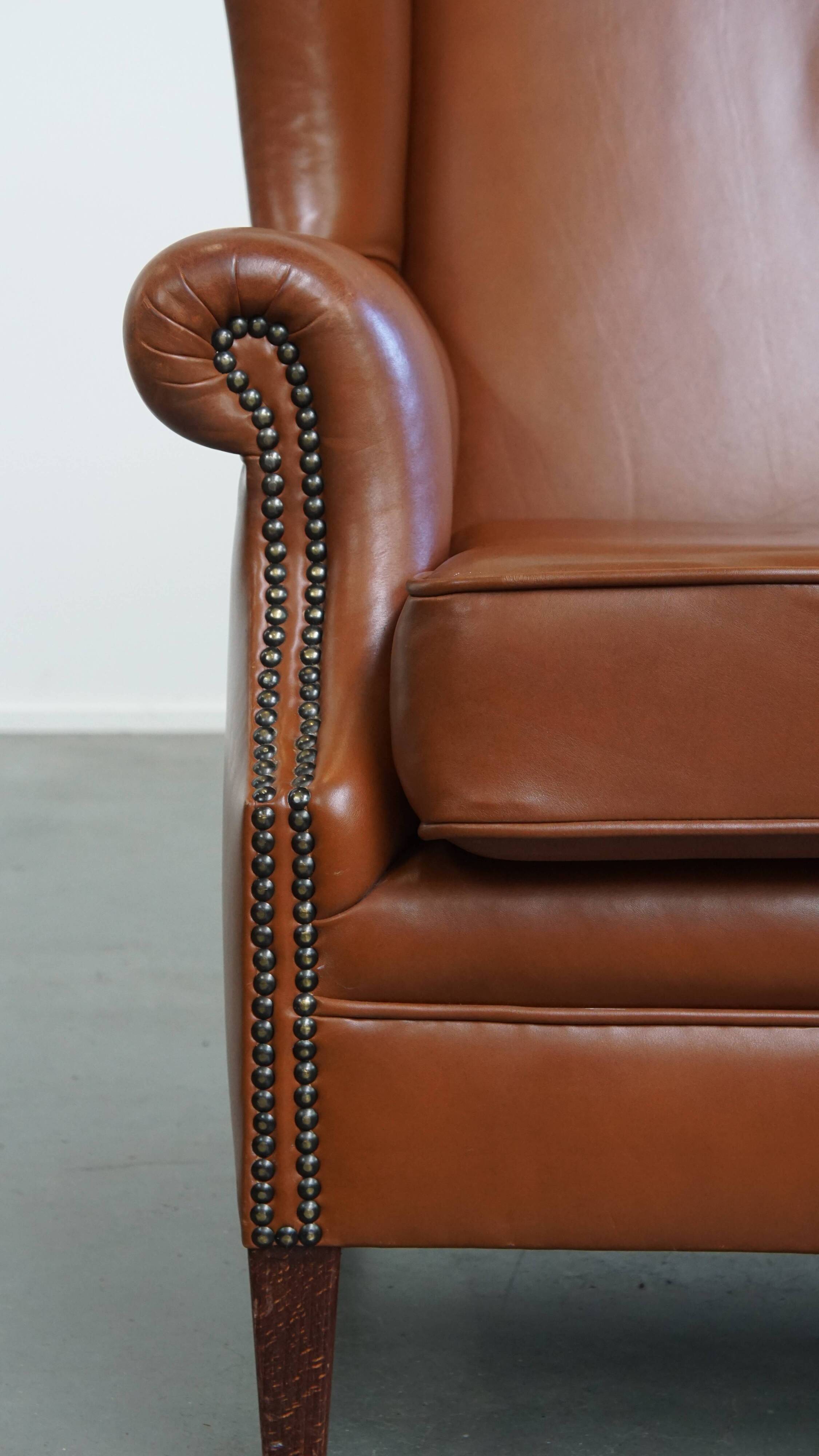 Cognac-Colored Cowhide Leather Wingback Chair in English Style