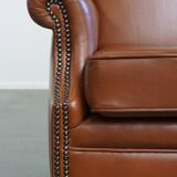 Cognac-Colored Cowhide Leather Wingback Chair in English Style