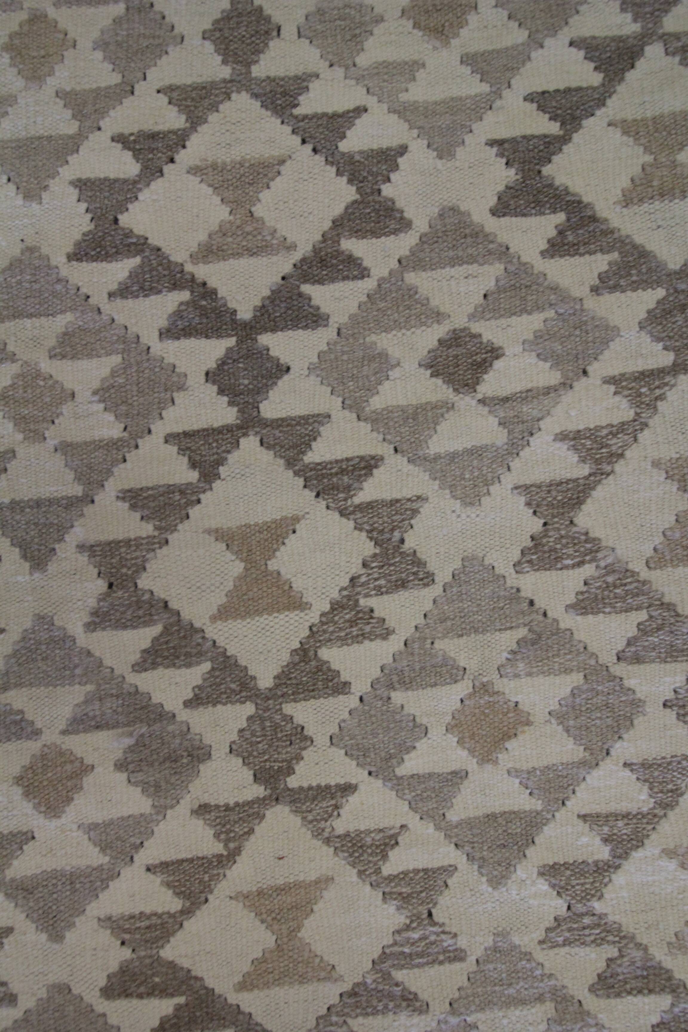 Tapis Kilim kaki-brun, laine afghane tissée à plat, tapis tribal géométrique fait main
