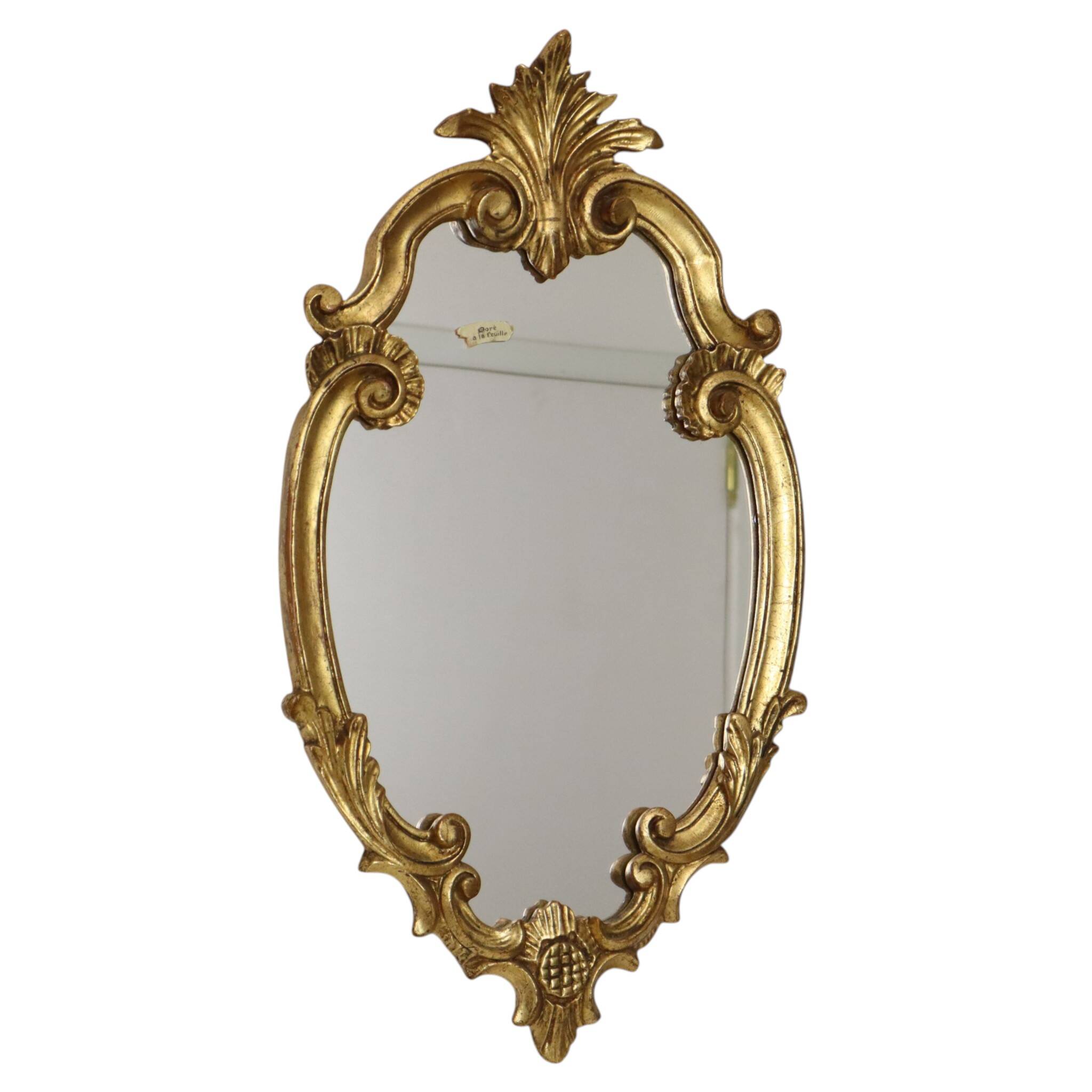 French Baroque-style gold-leaf gilded mirror with crest, 60 cm